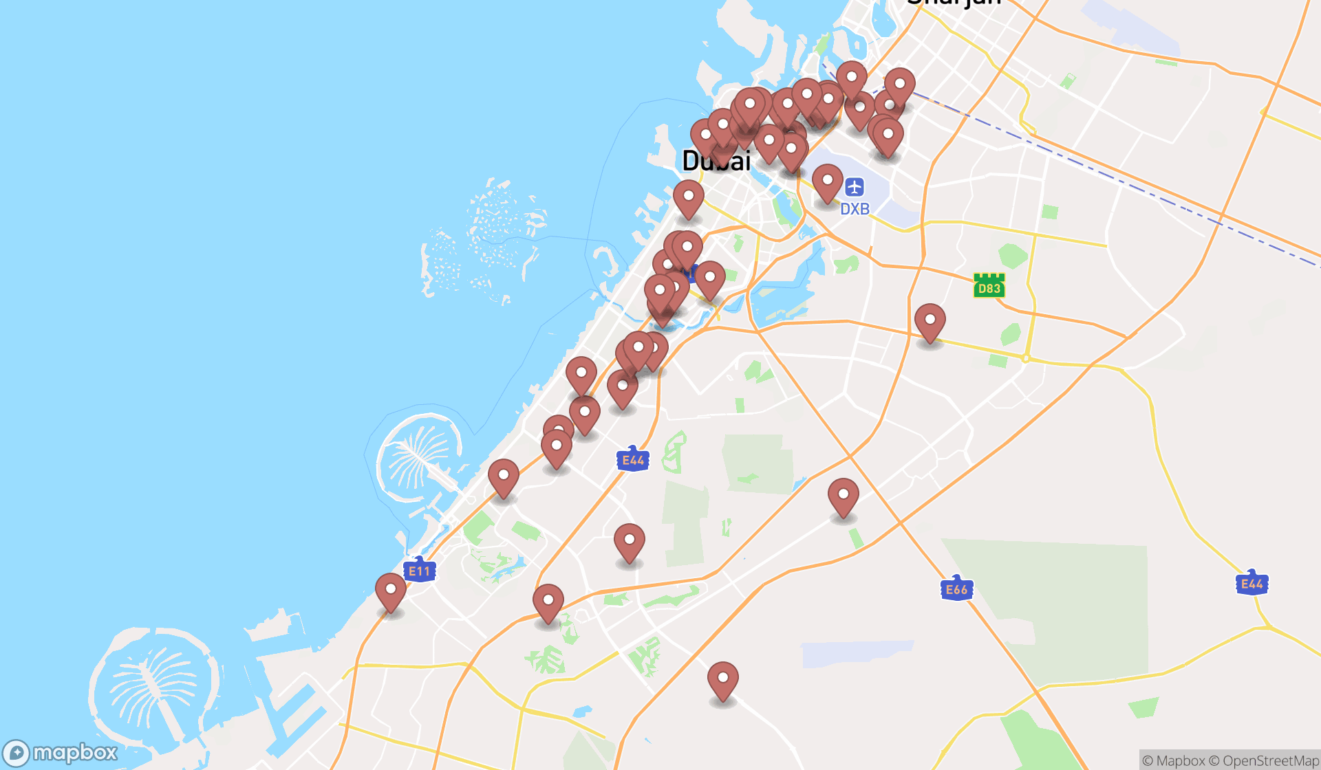 Map showing the search results in Dubai