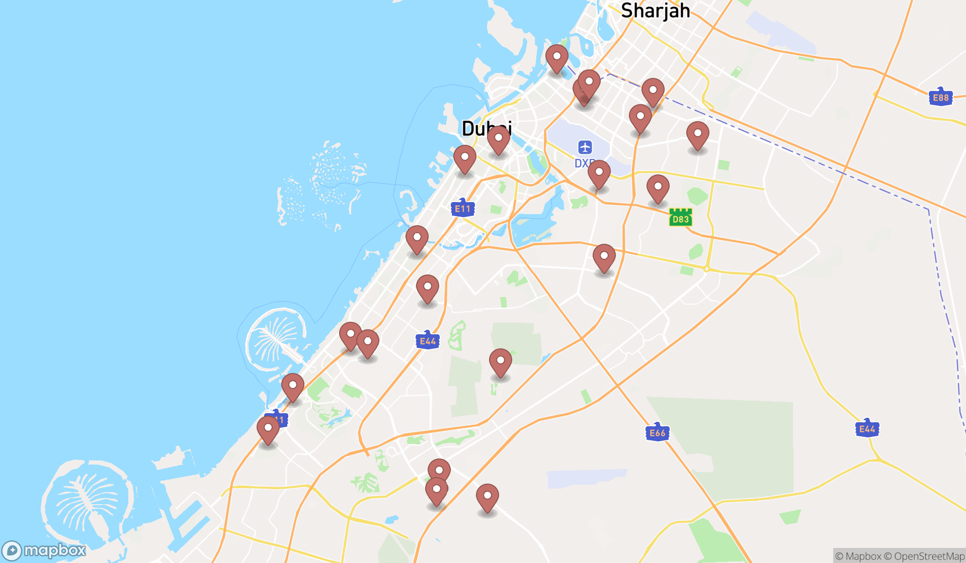 Map showing the search results in Dubai