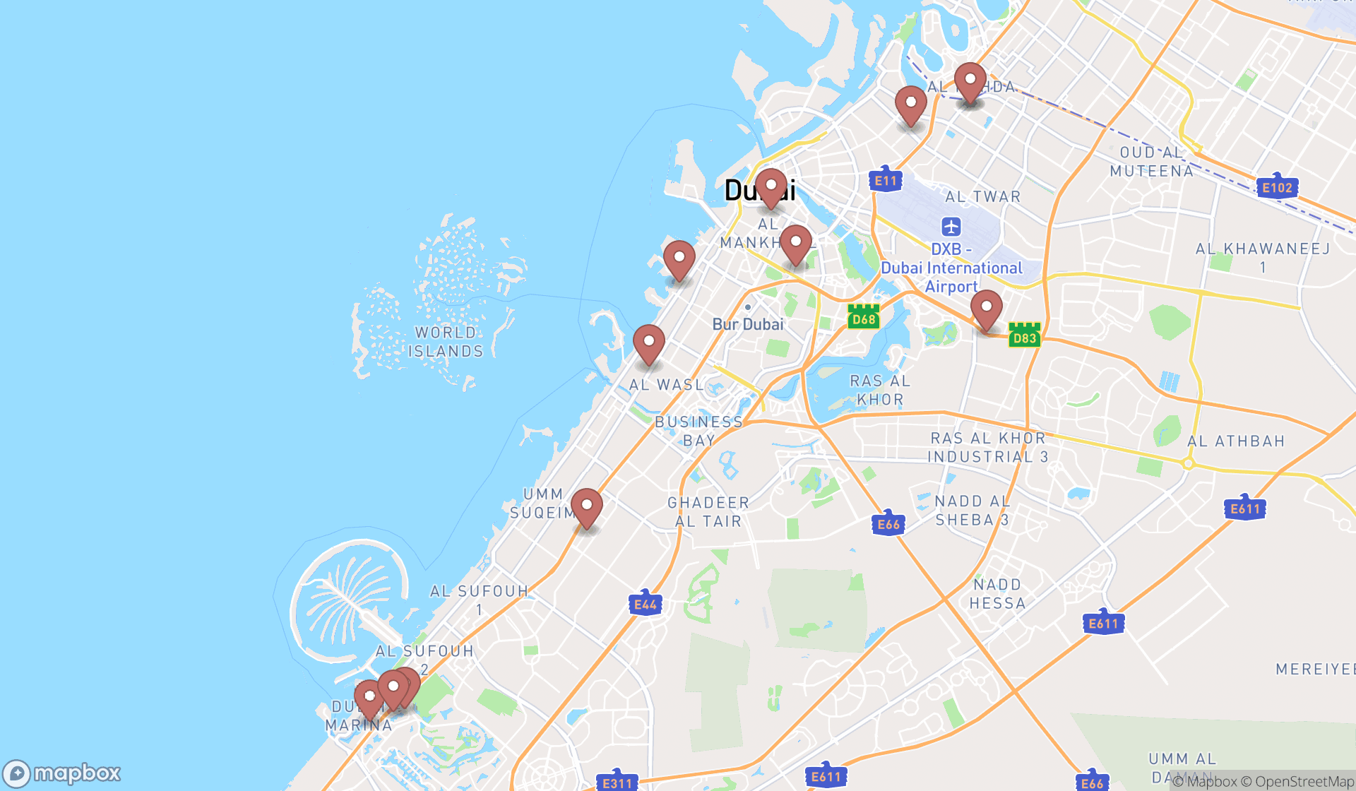 Map showing the search results in Dubai