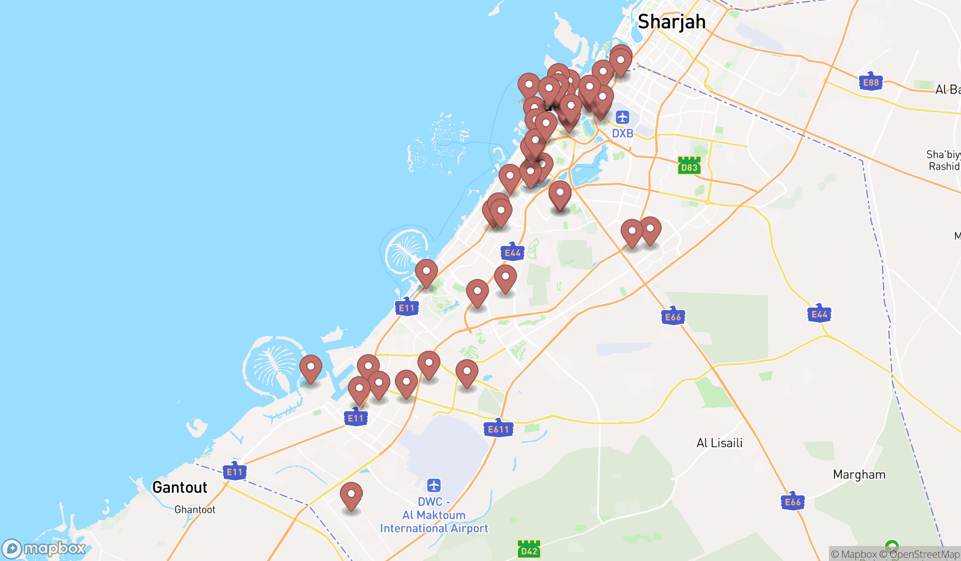 Map showing the search results in Dubai