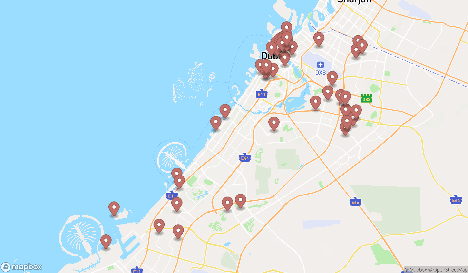 Map showing the search results in Dubai
