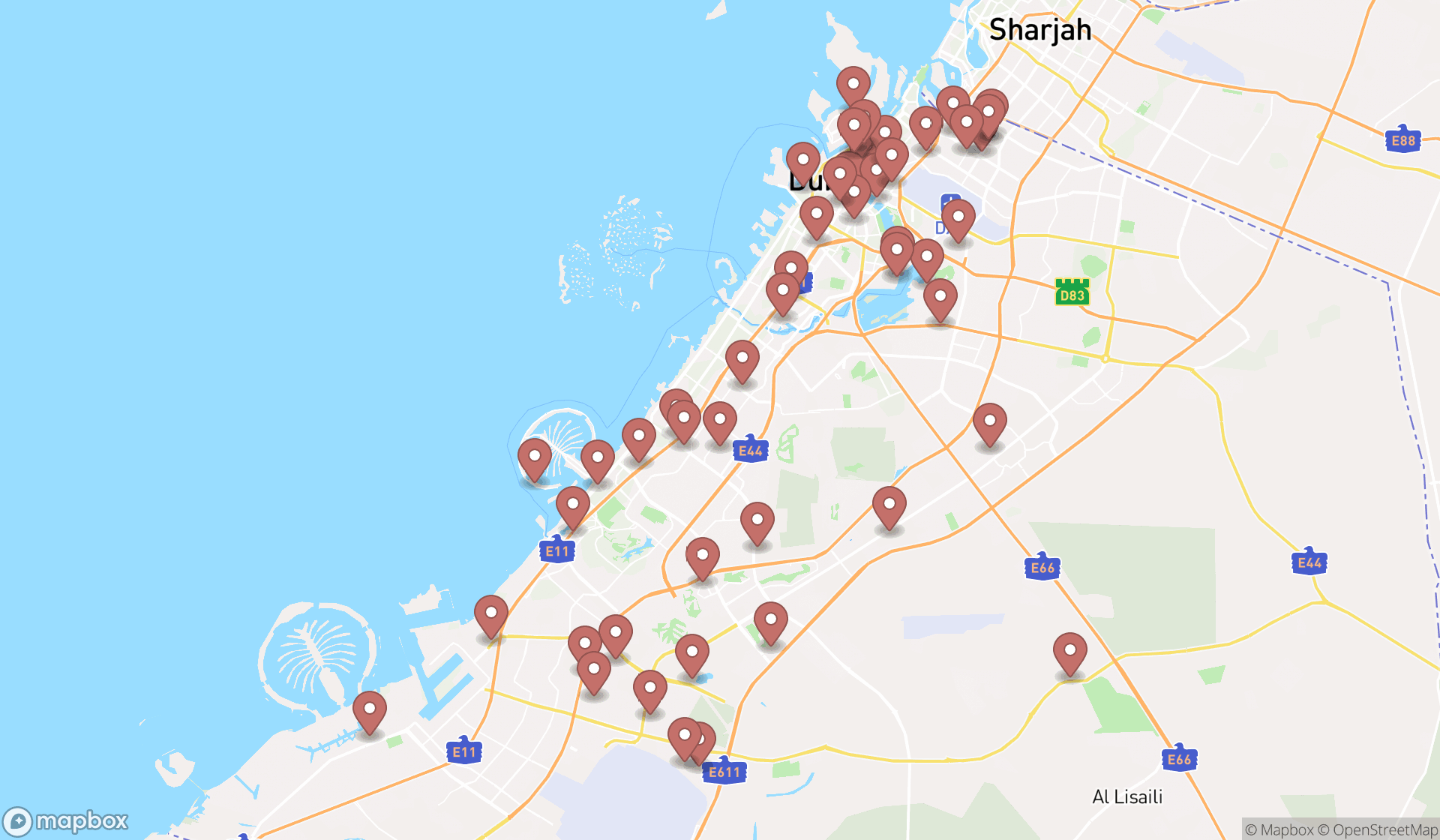 Map showing the search results in Dubai