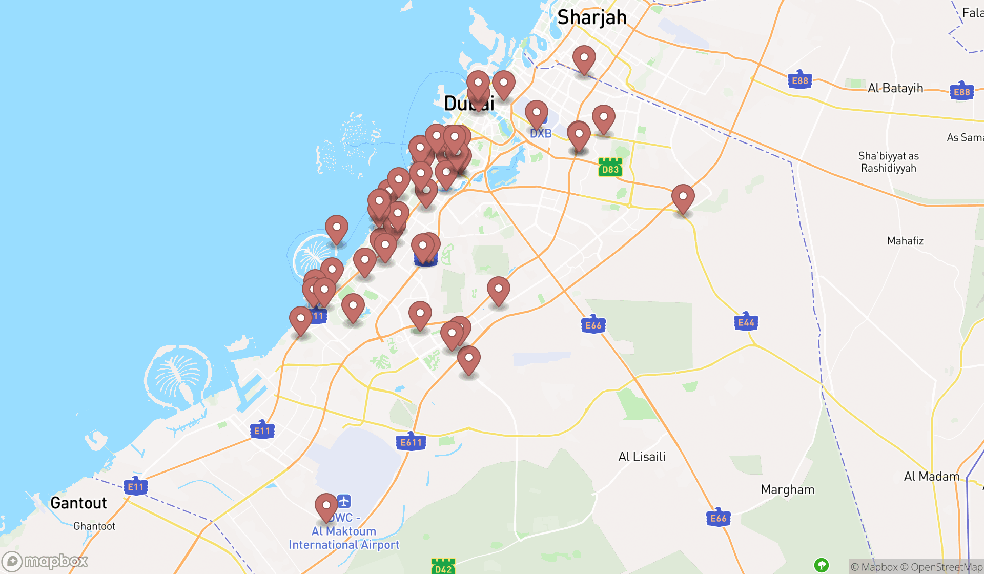Map showing the search results in Dubai