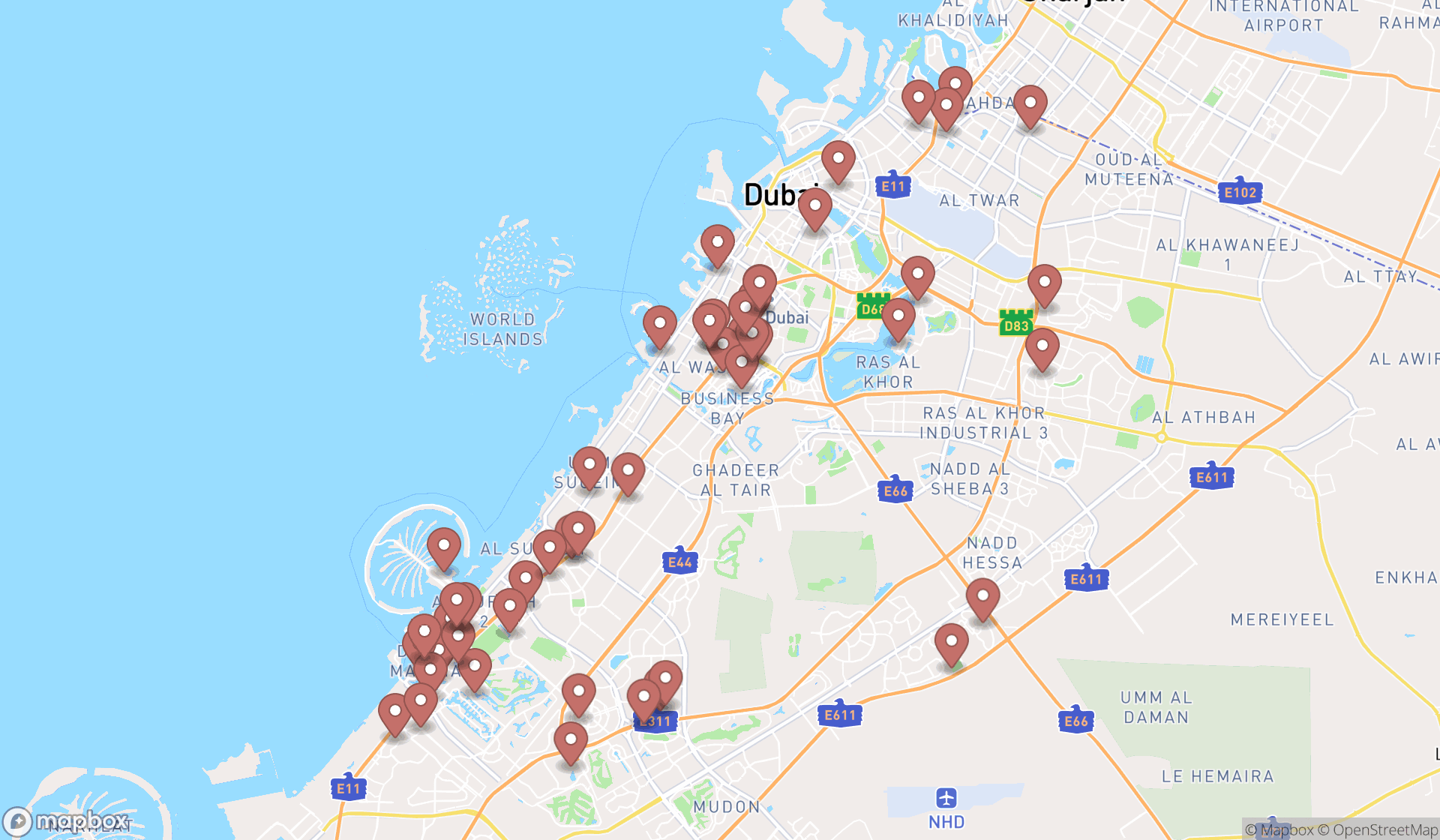 Map showing the search results in Dubai