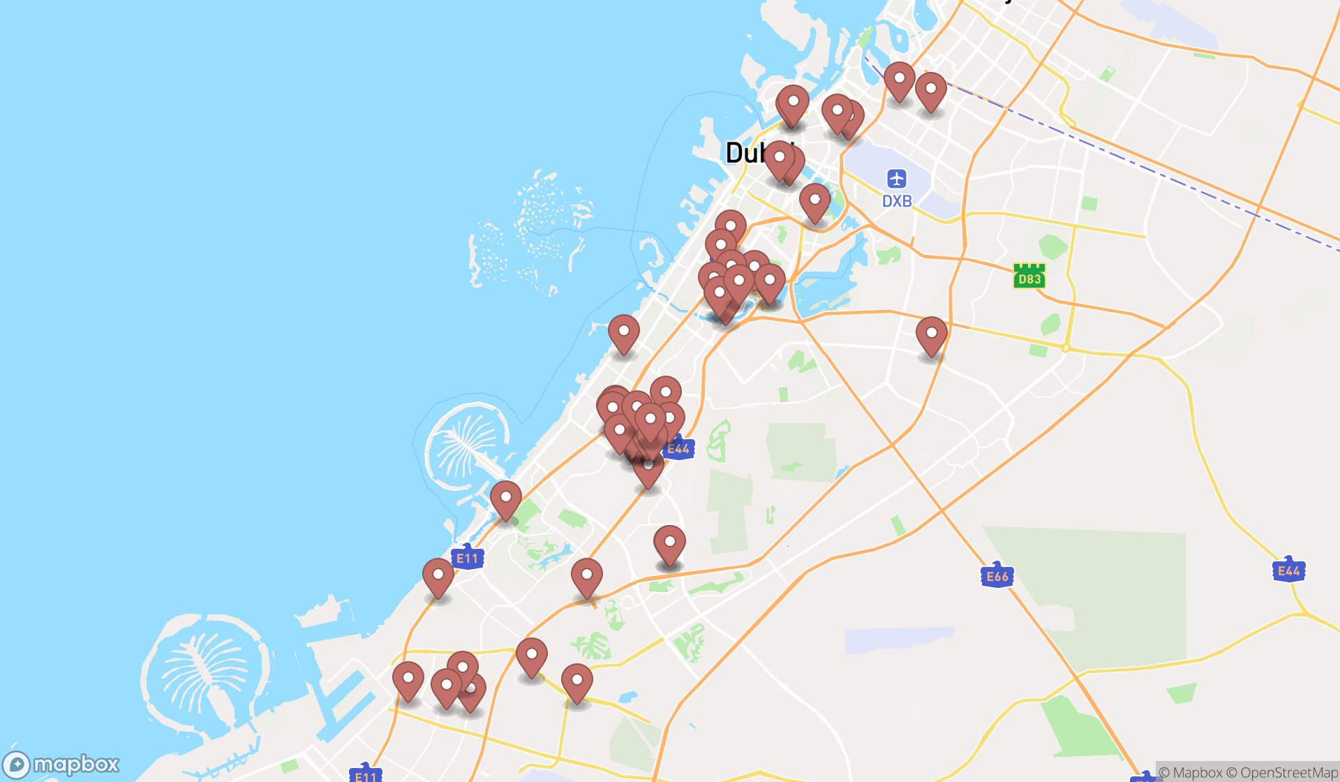 Map showing the search results in Dubai
