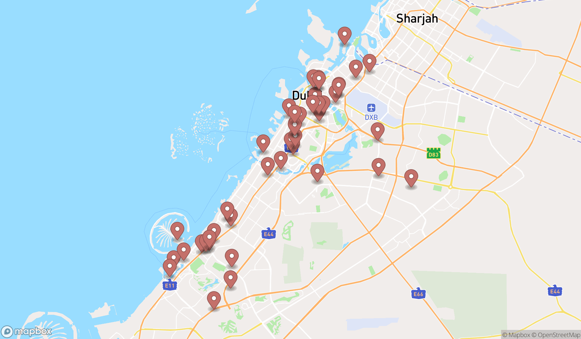 Map showing the search results in Dubai