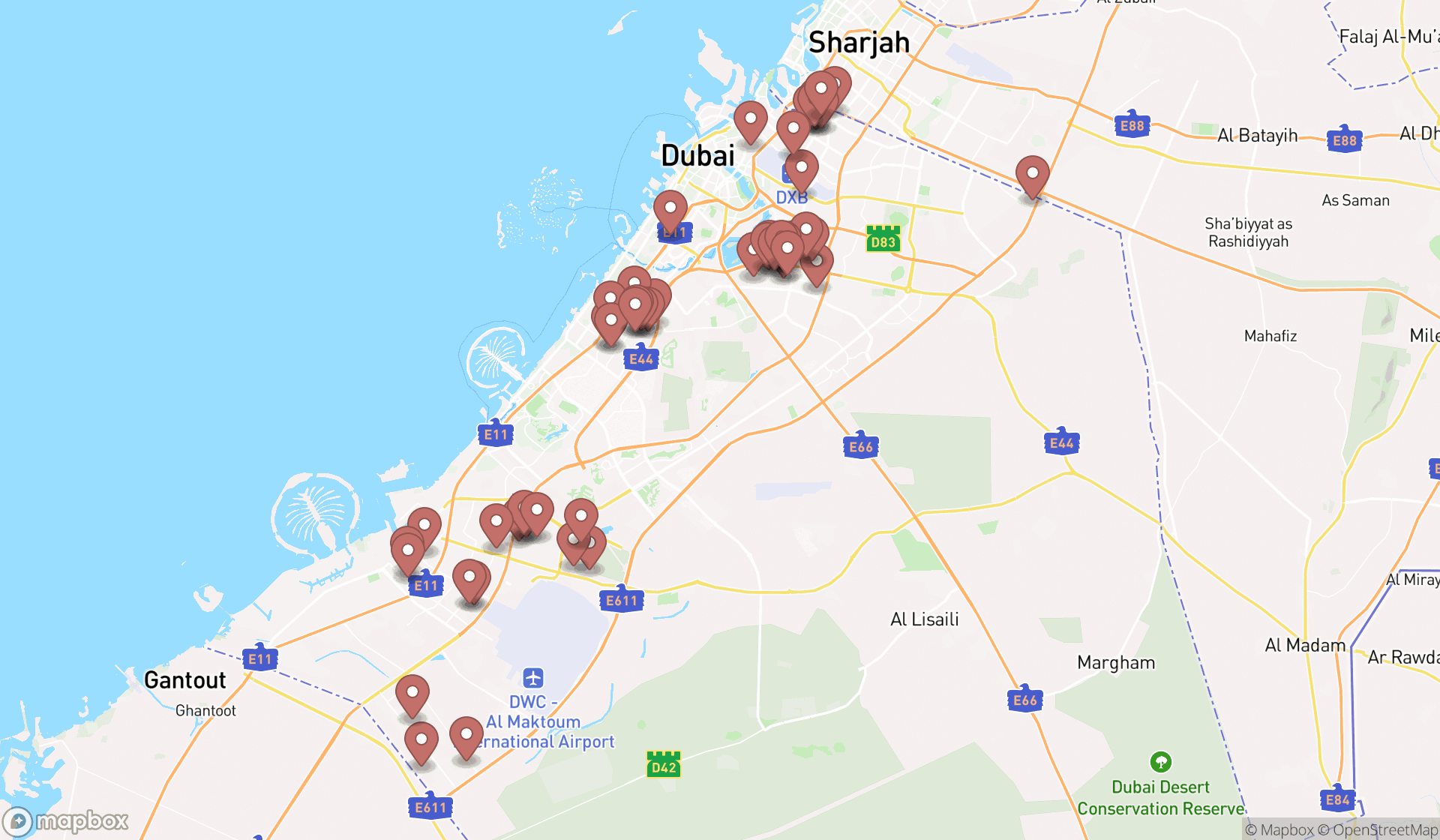 Map showing the search results in Dubai