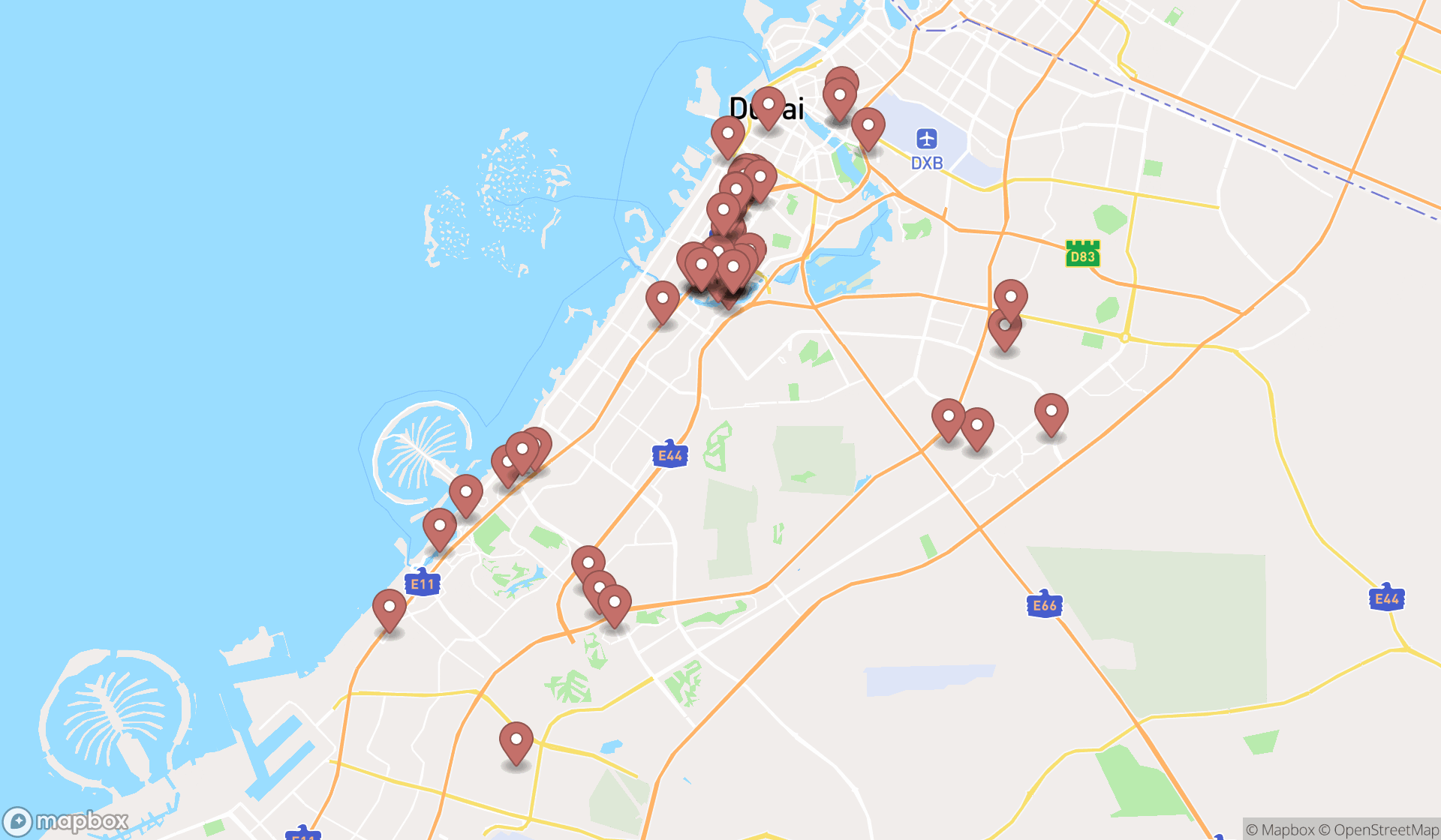 Map showing the search results in Dubai