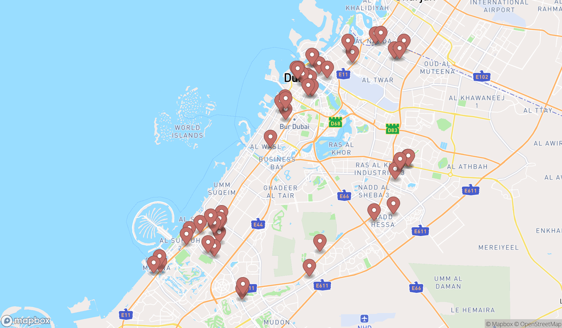 Map showing the search results in Dubai