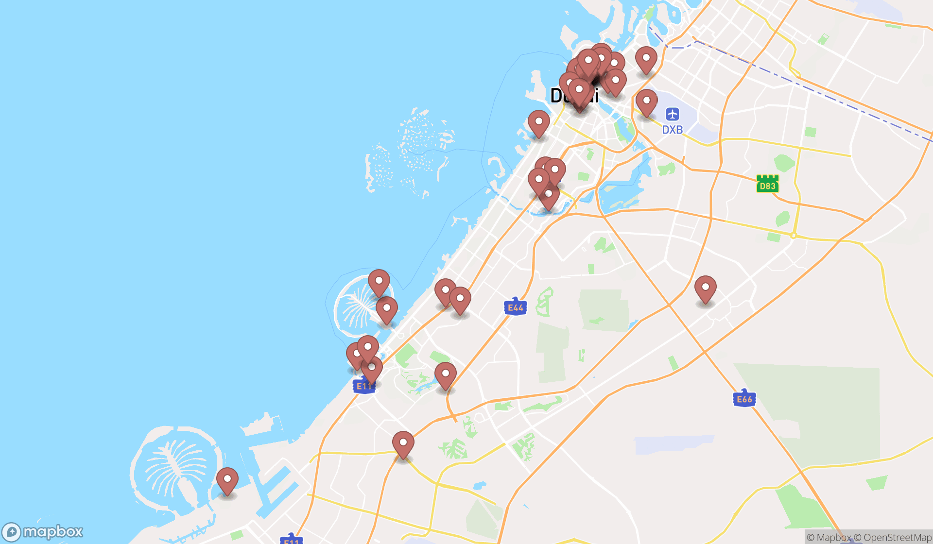 Map showing the search results in Dubai