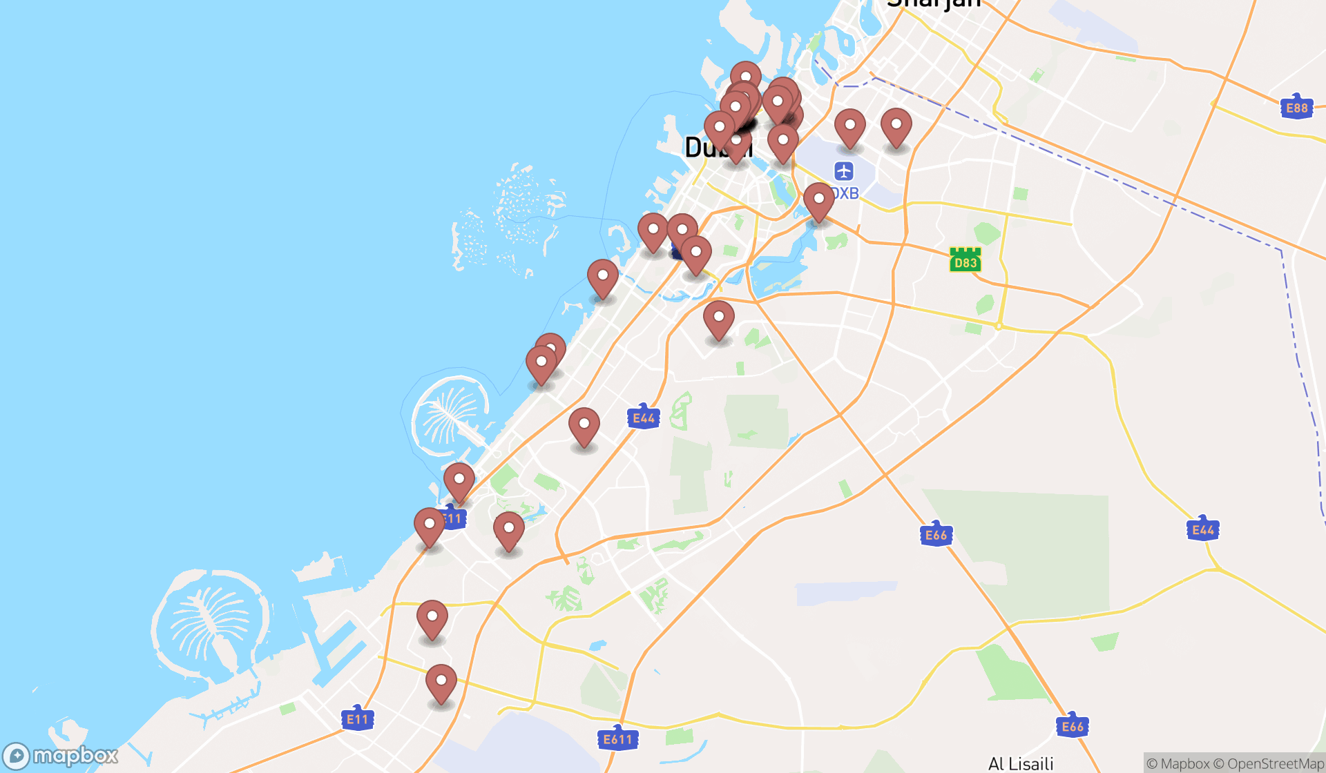 Map showing the search results in Dubai