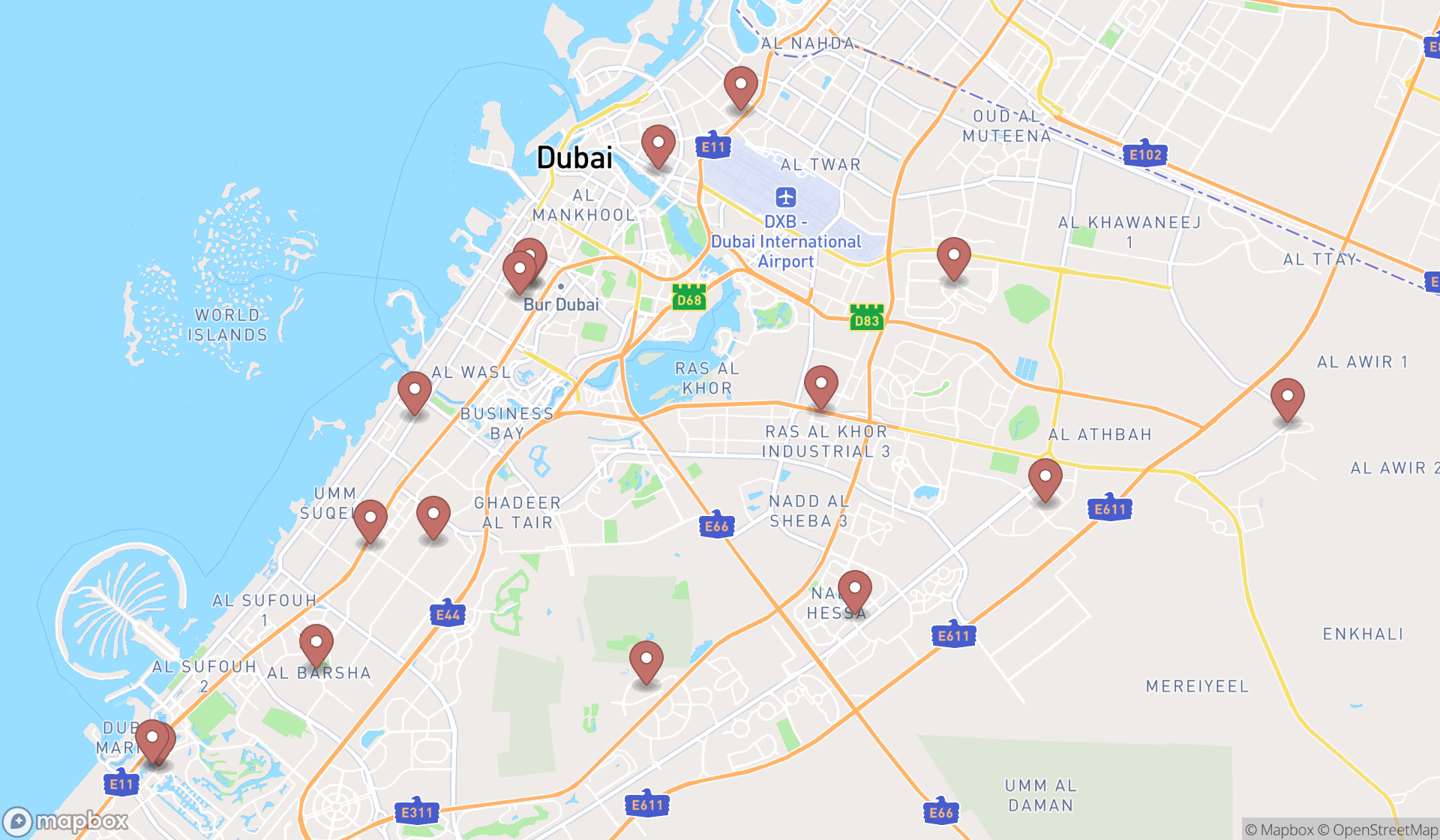 Map showing the search results in Dubai