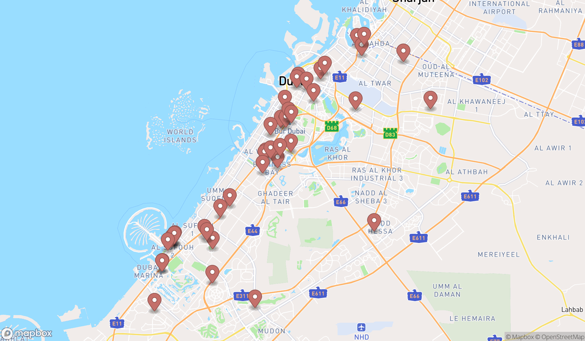 Map showing the search results in Dubai