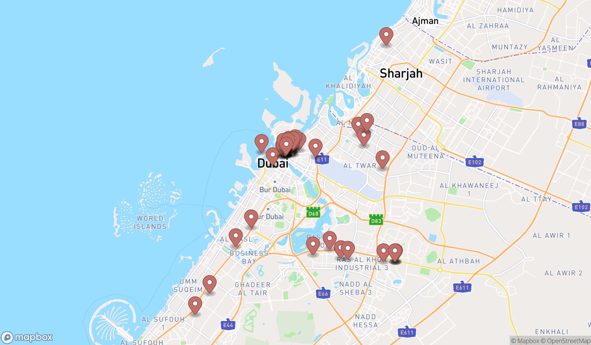 Map showing the search results in Dubai