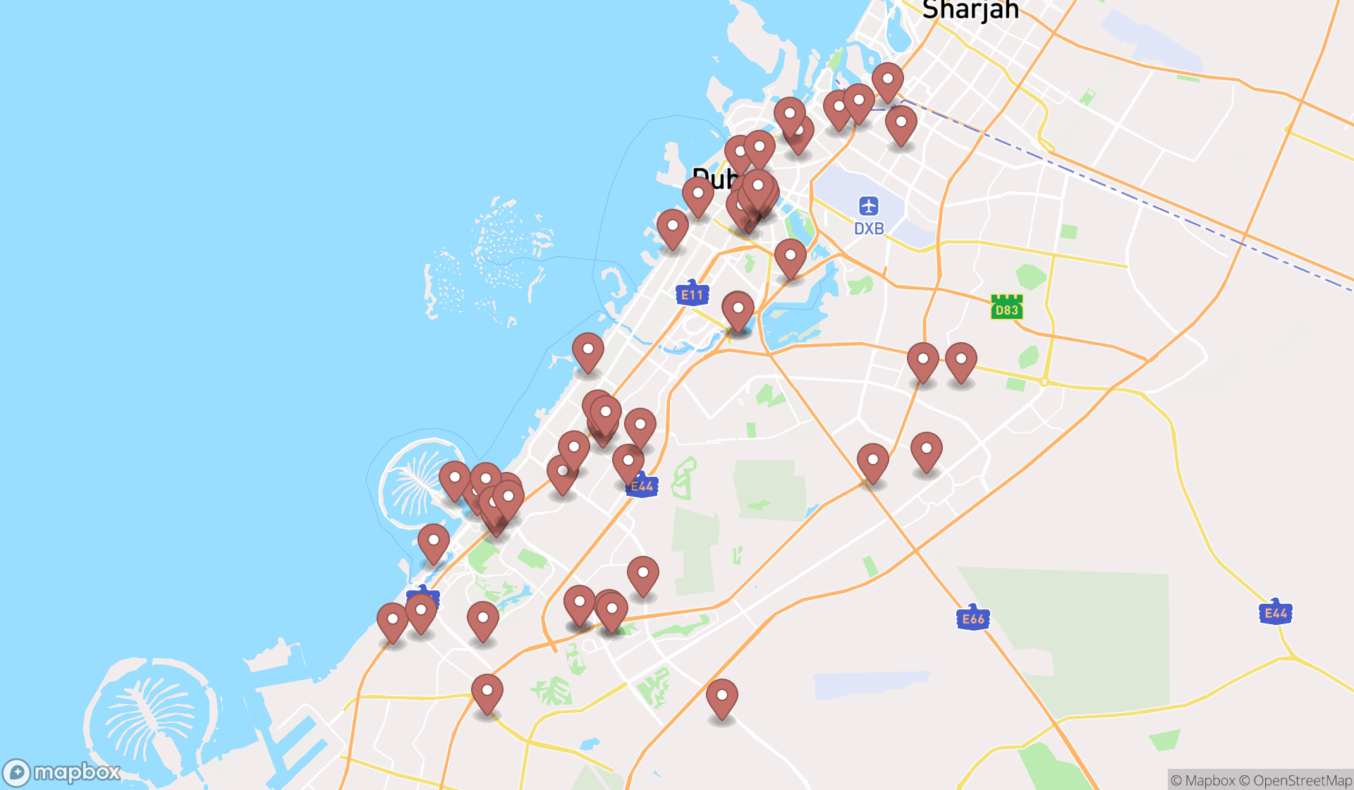 Map showing the search results in Dubai