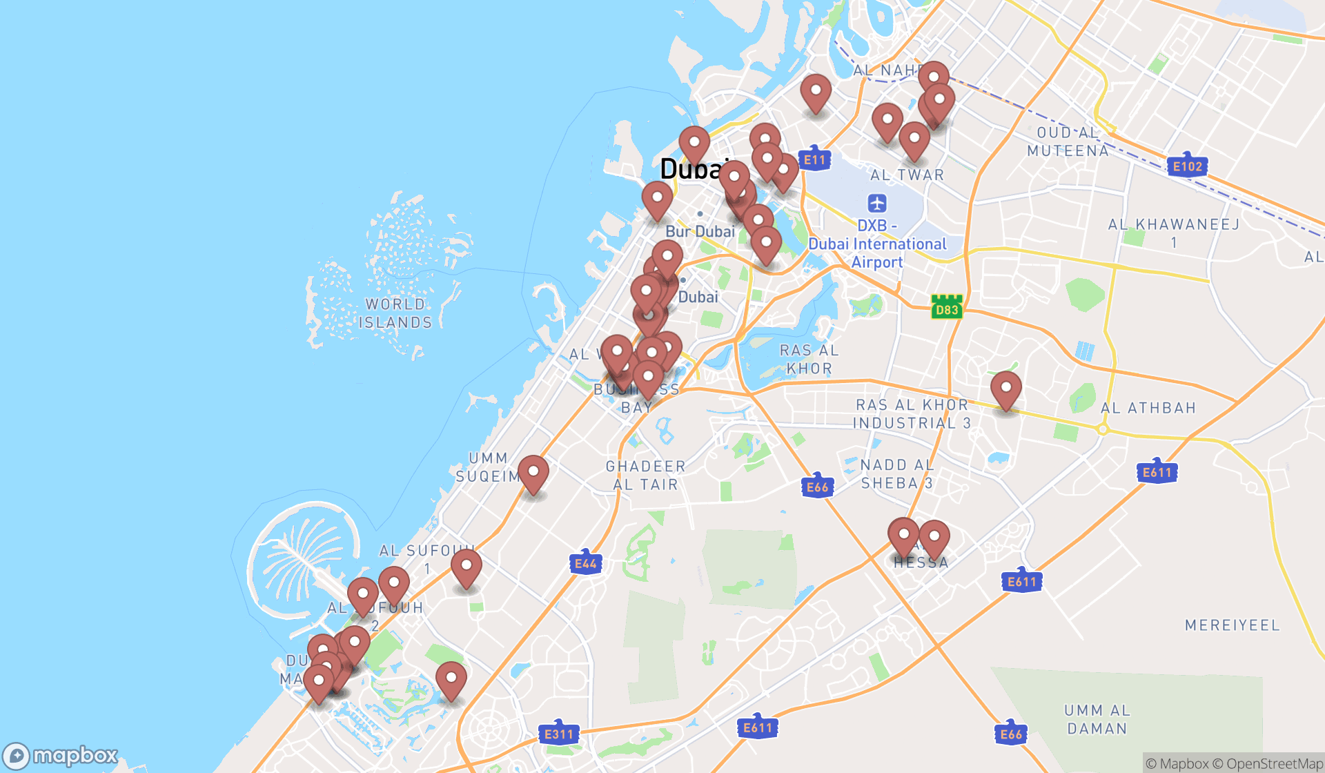 Map showing the search results in Dubai