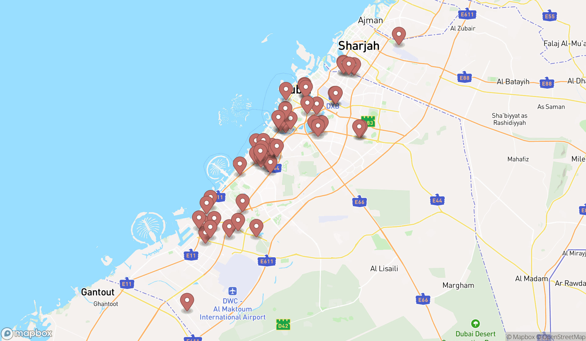 Map showing the search results in Dubai