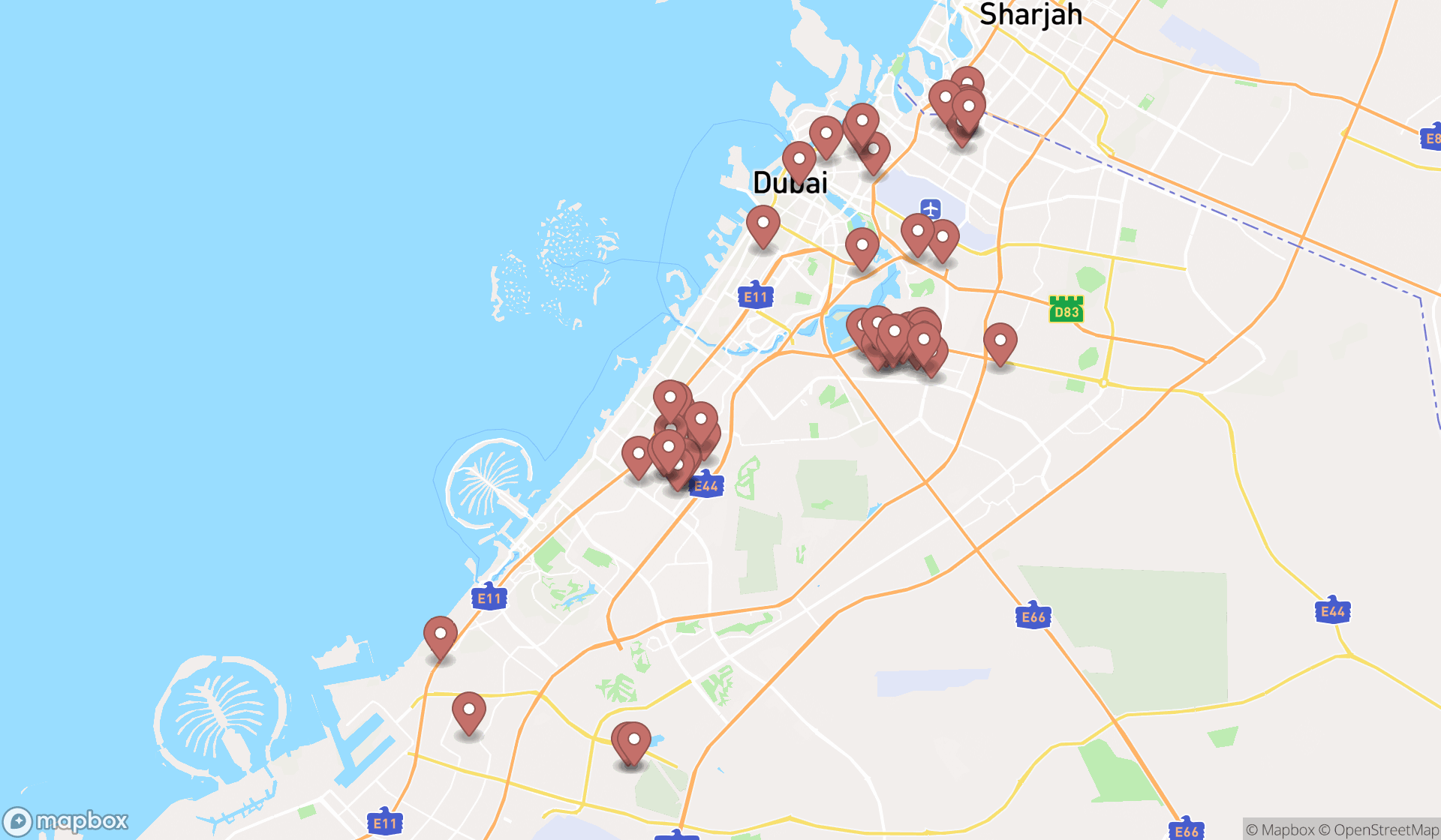 Map showing the search results in Dubai