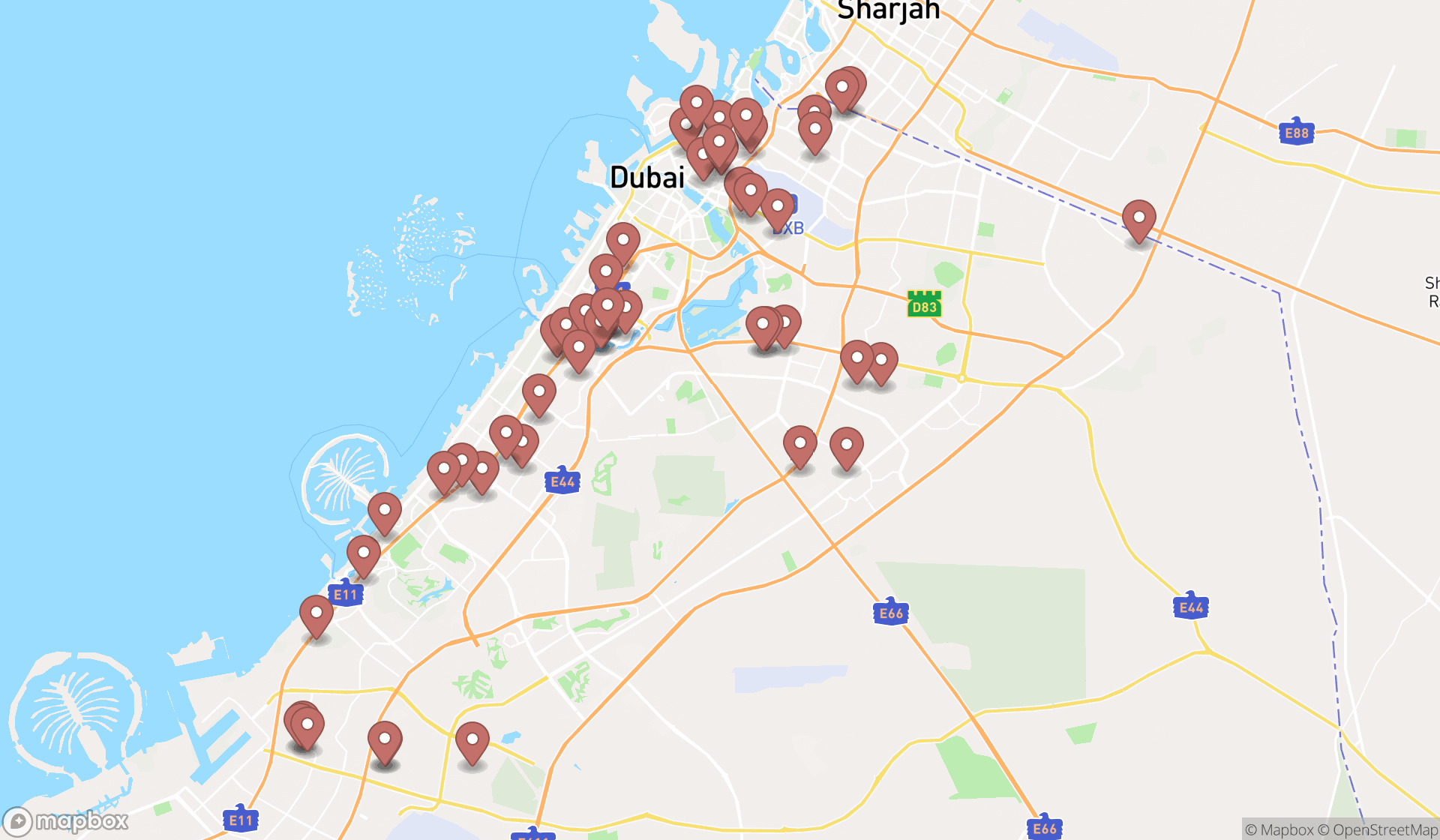 Map showing the search results in Dubai