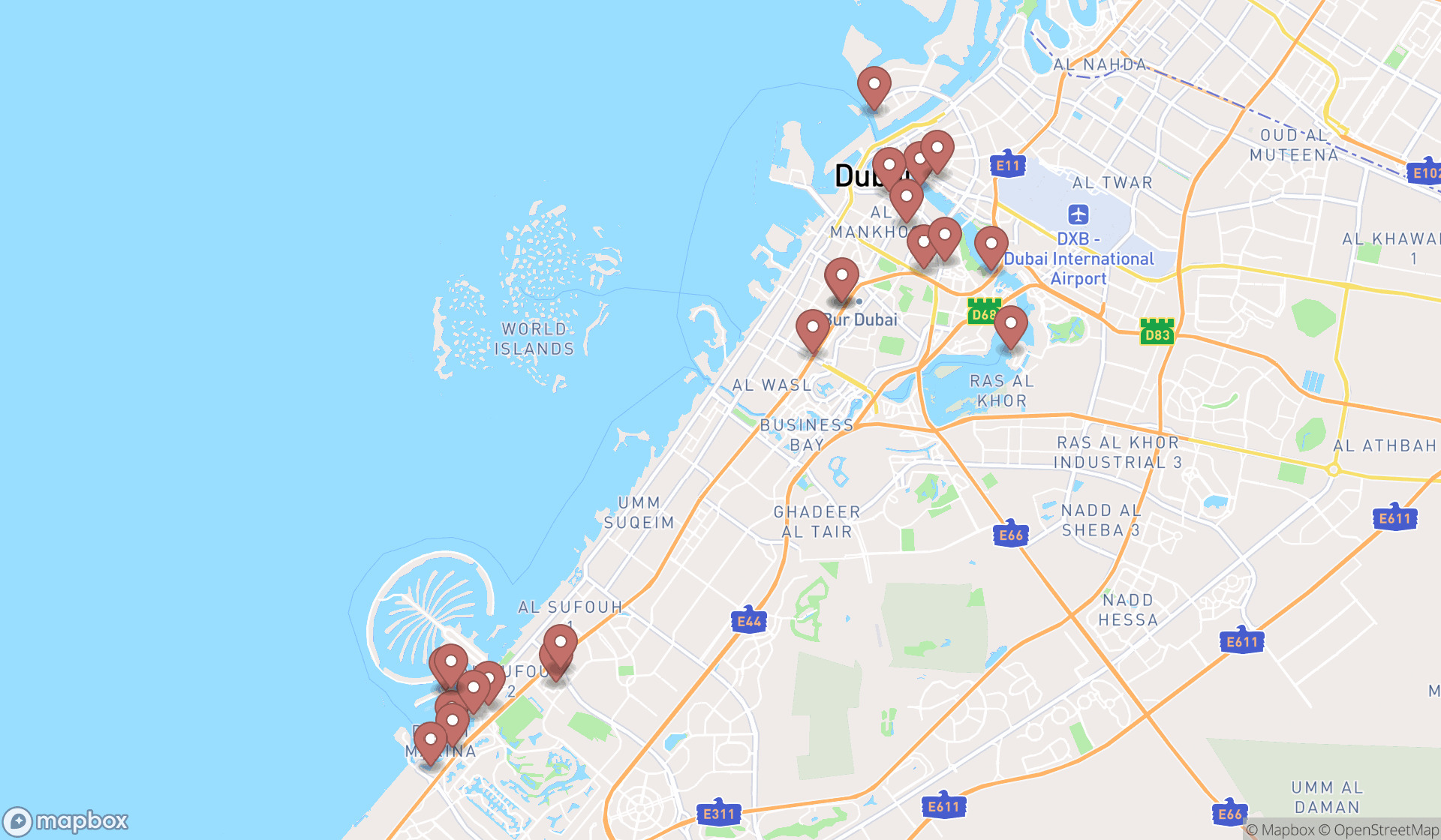 Map showing the search results in Dubai
