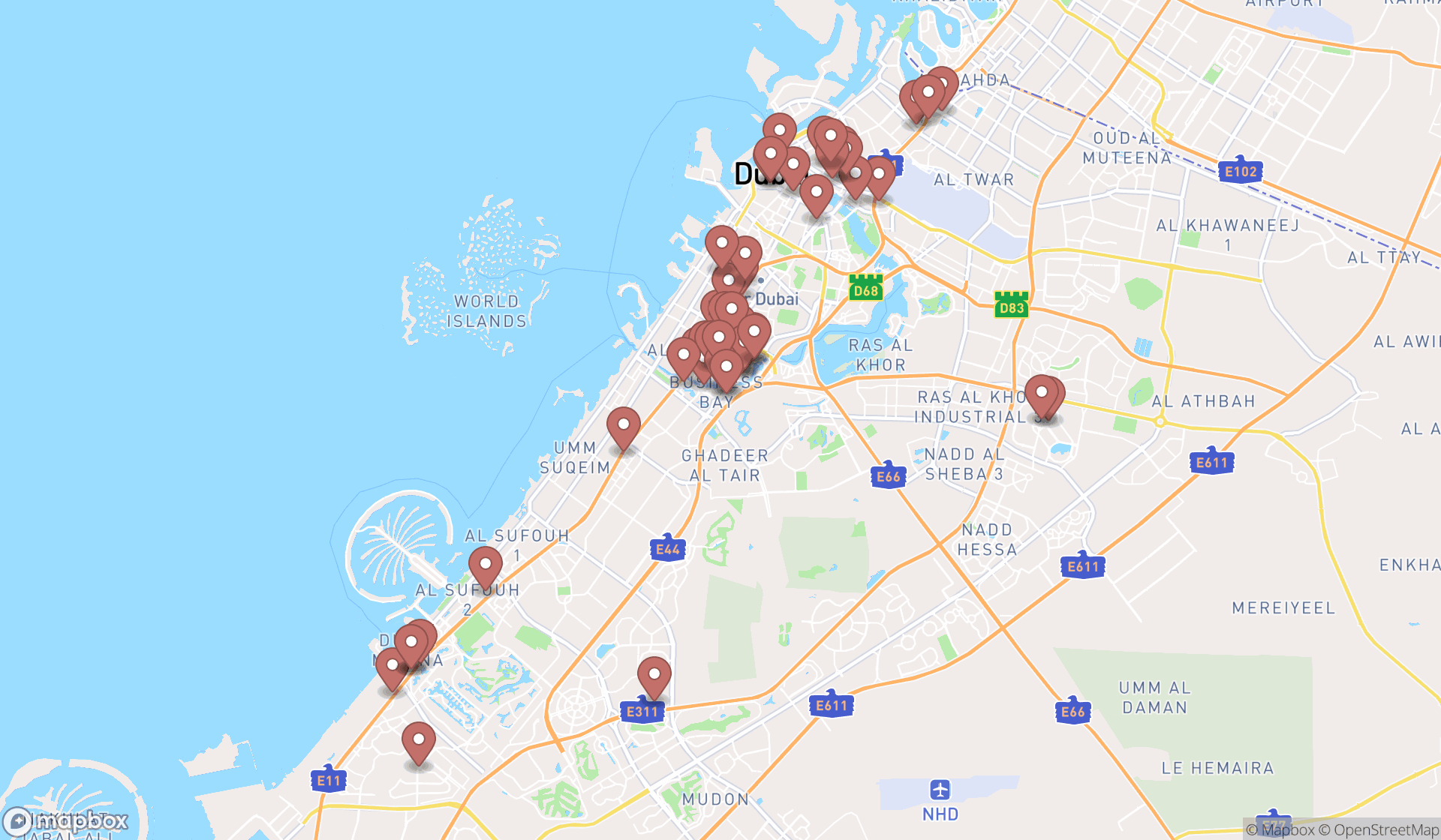 Map showing the search results in Dubai