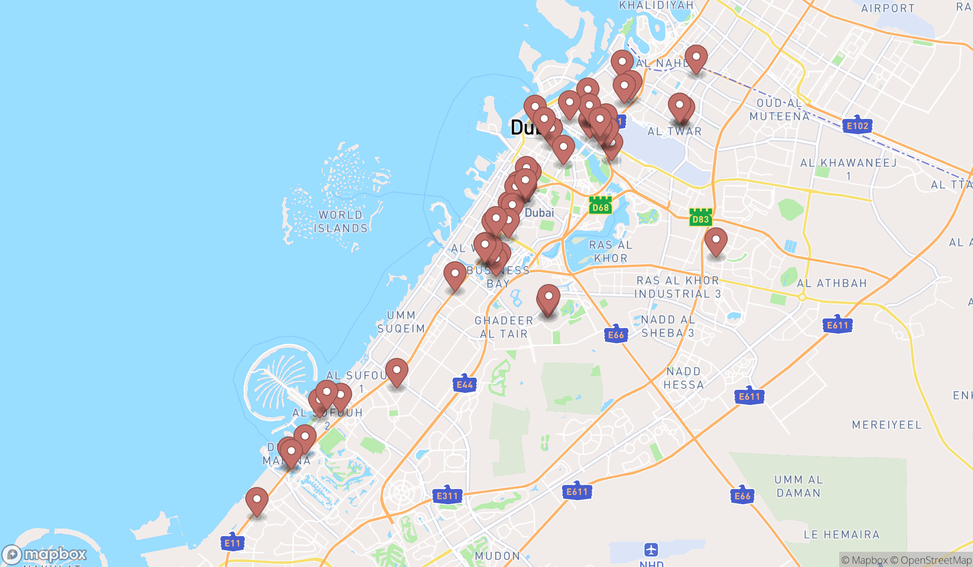 Map showing the search results in Dubai