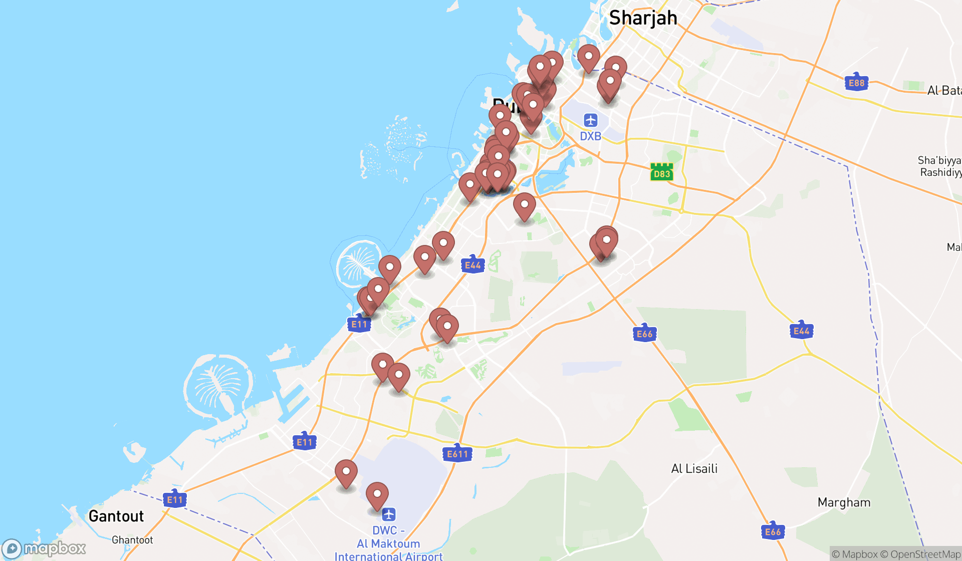 Map showing the search results in Dubai