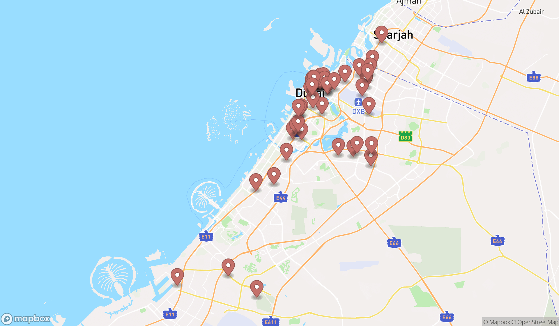 Map showing the search results in Dubai