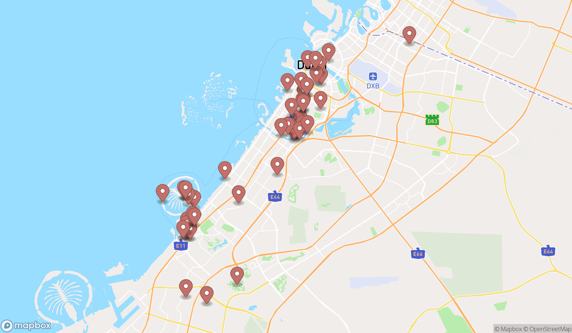 Map showing the search results in Dubai