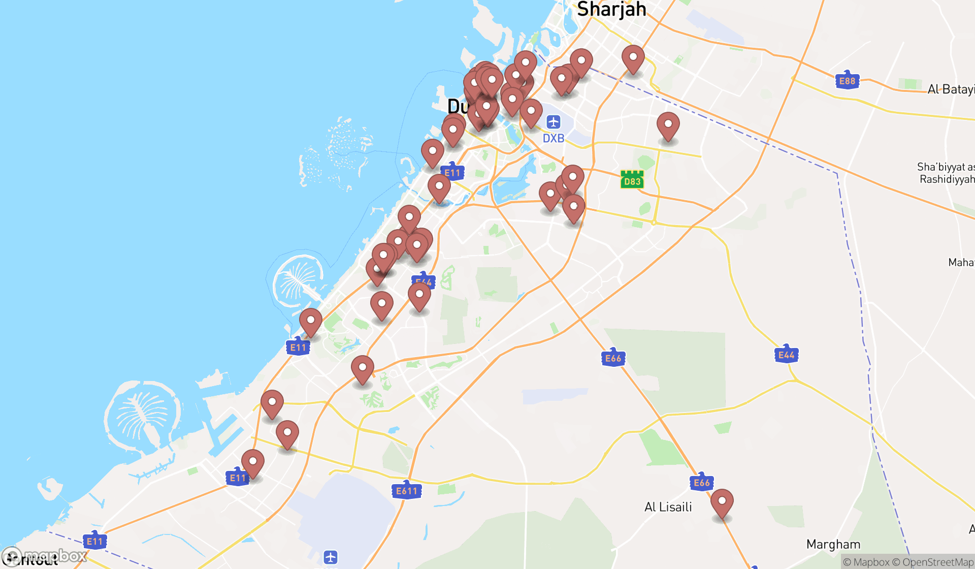 Map showing the search results in Dubai