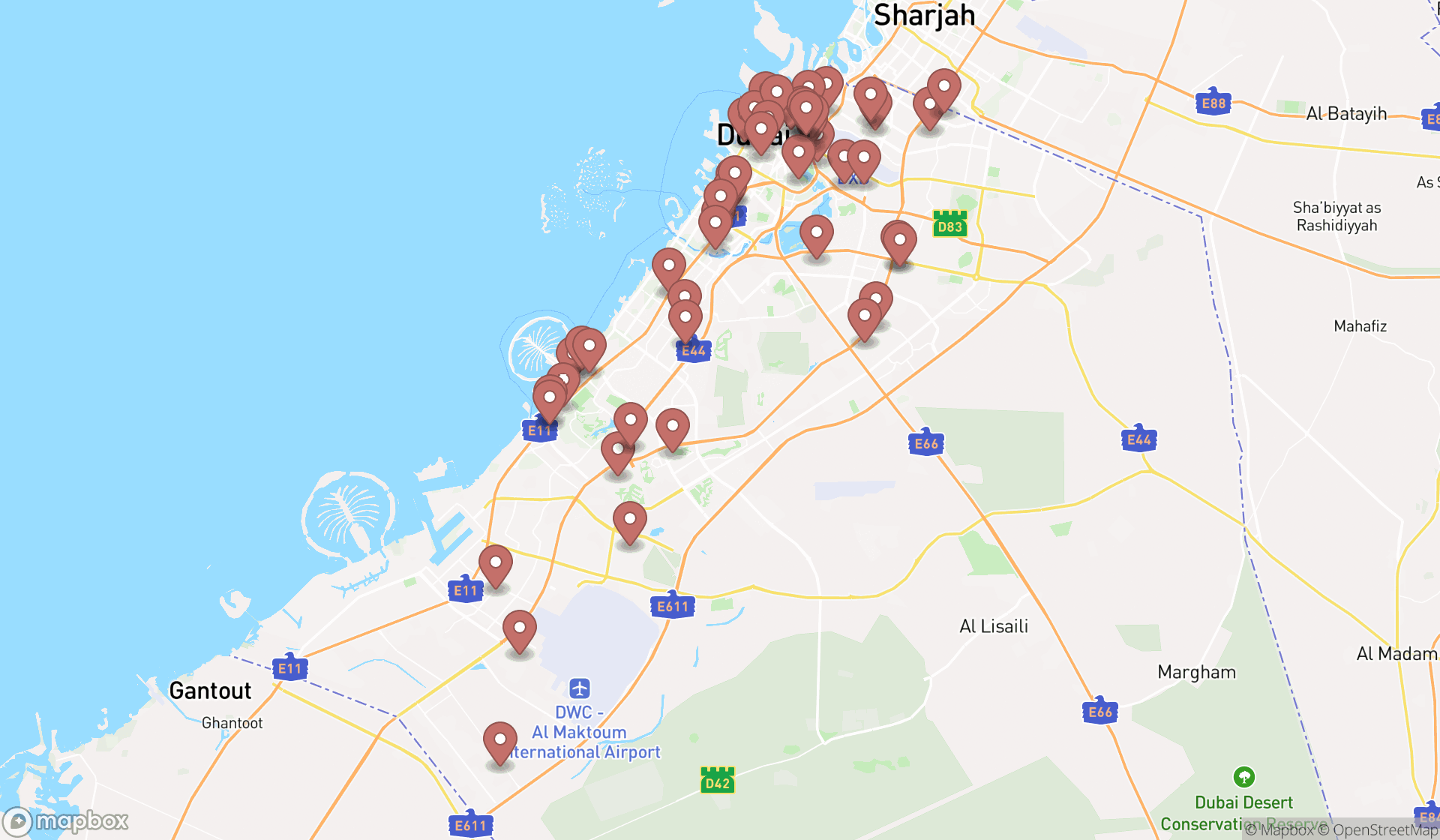 Map showing the search results in Dubai