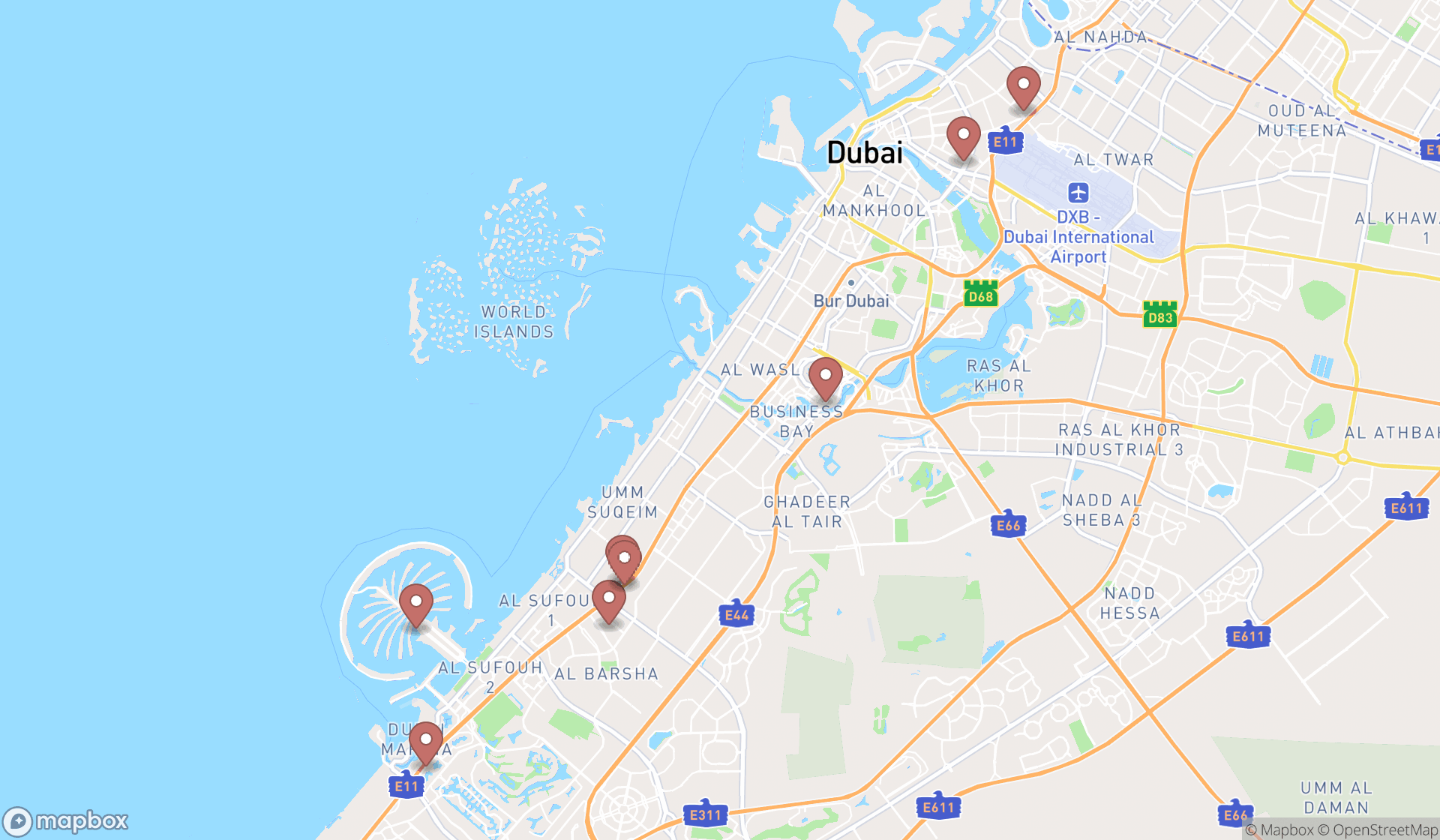 Map showing the search results in Dubai