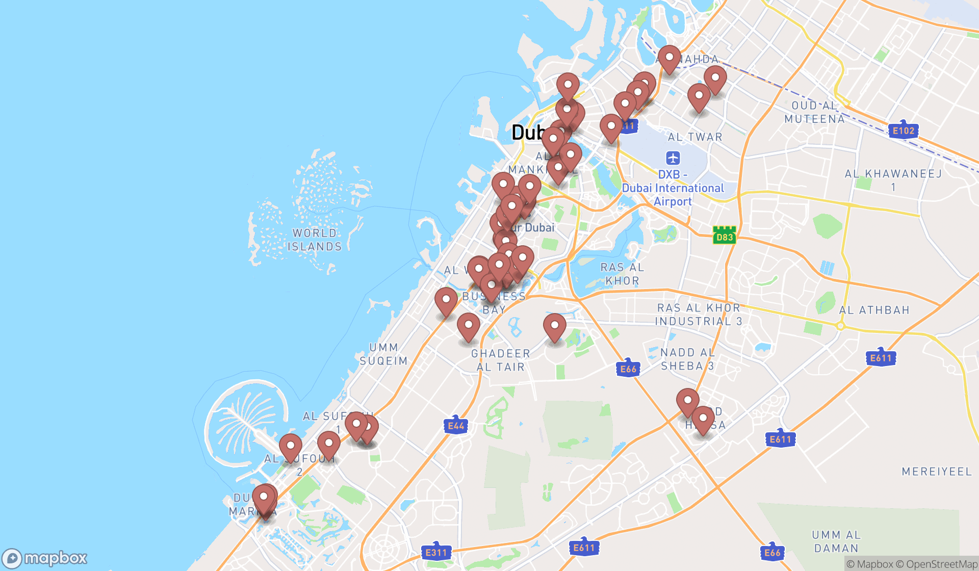 Map showing the search results in Dubai