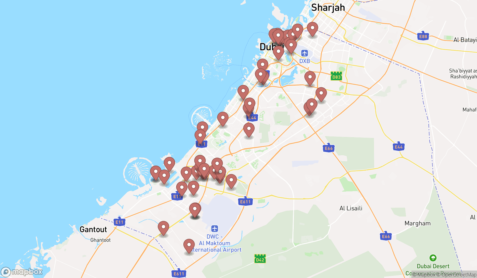 Map showing the search results in Dubai