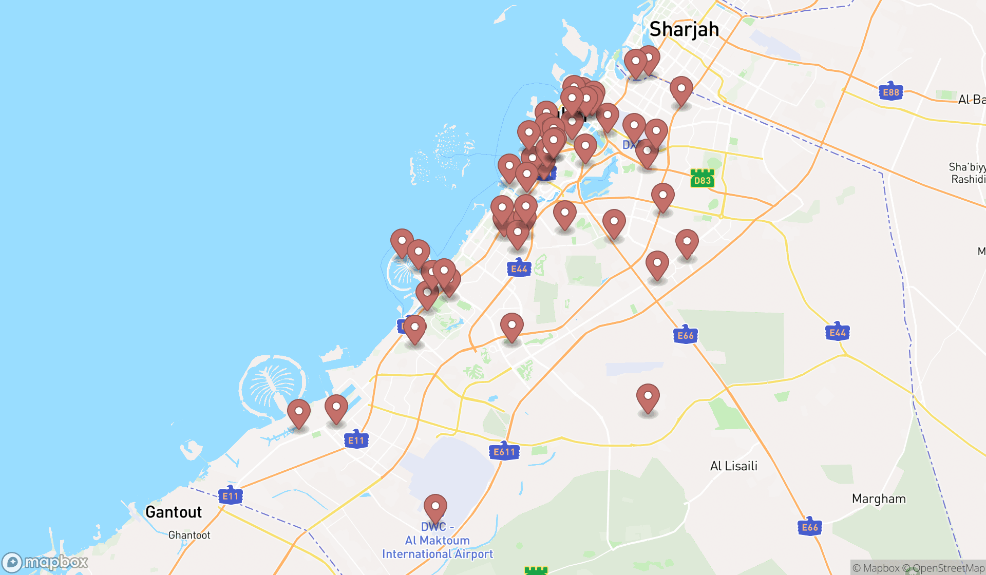 Map showing the search results in Dubai