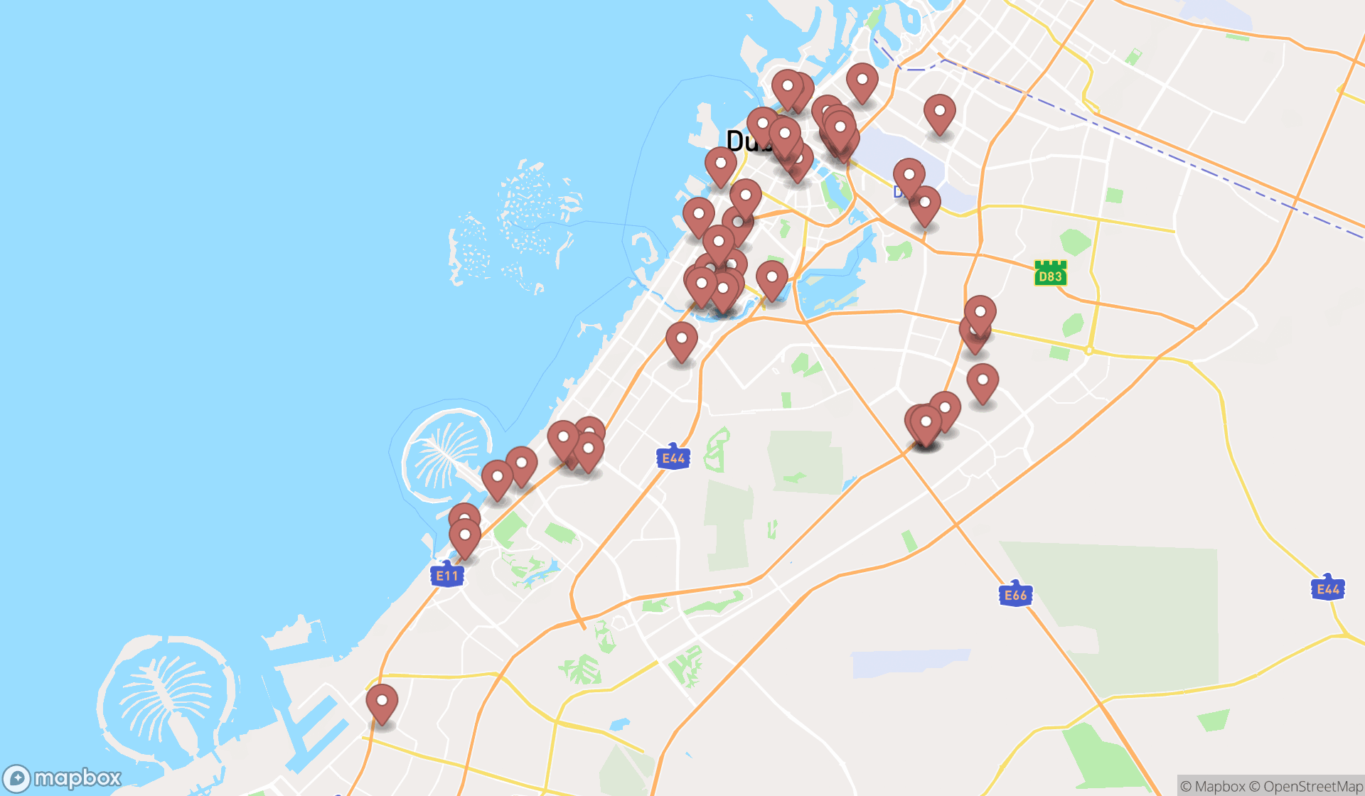 Map showing the search results in Dubai