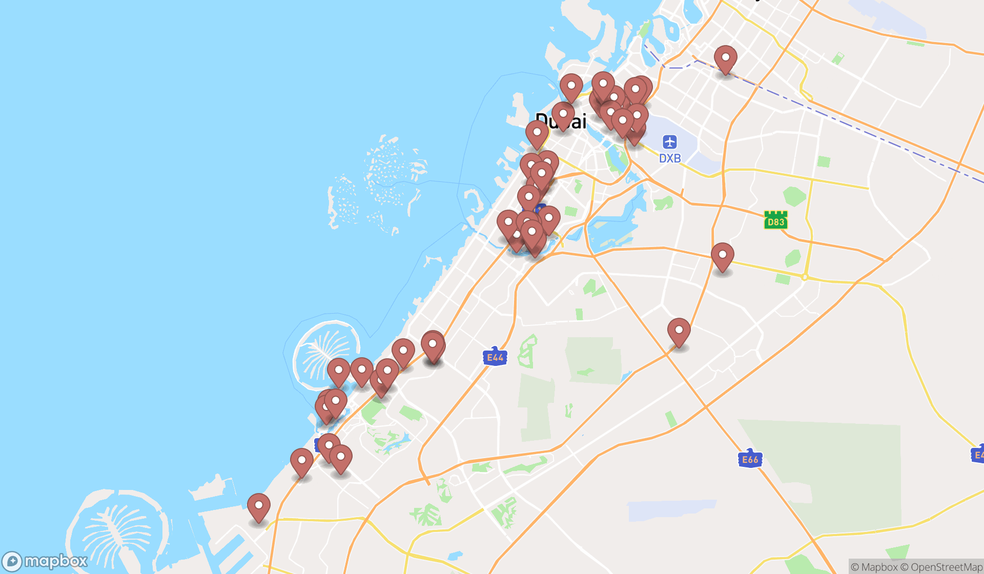 Map showing the search results in Dubai
