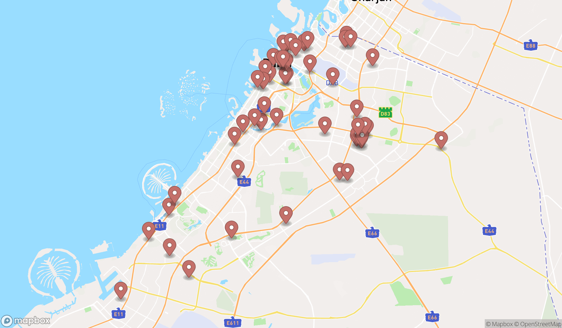 Map showing the search results in Dubai