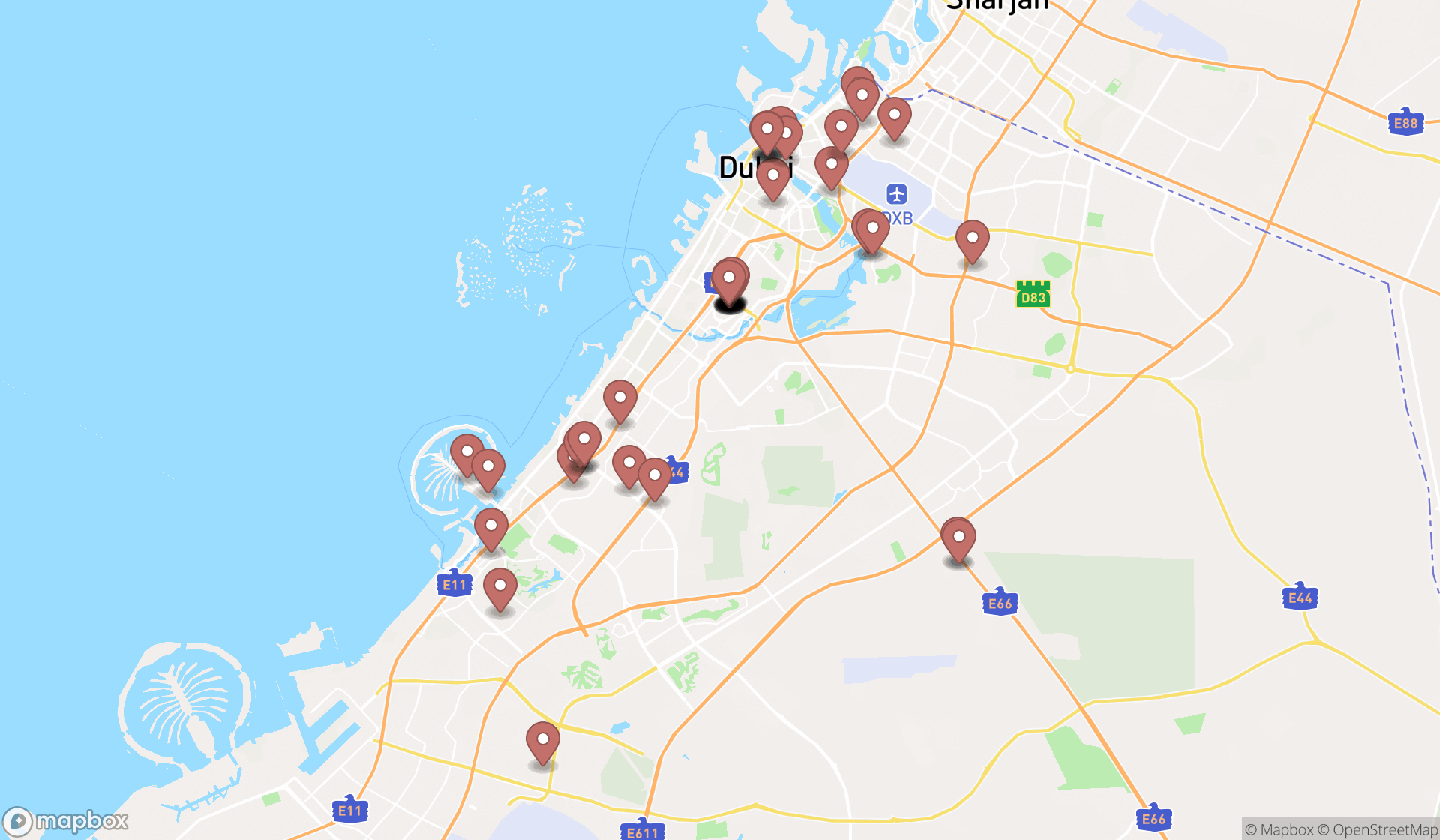 Map showing the search results in Dubai