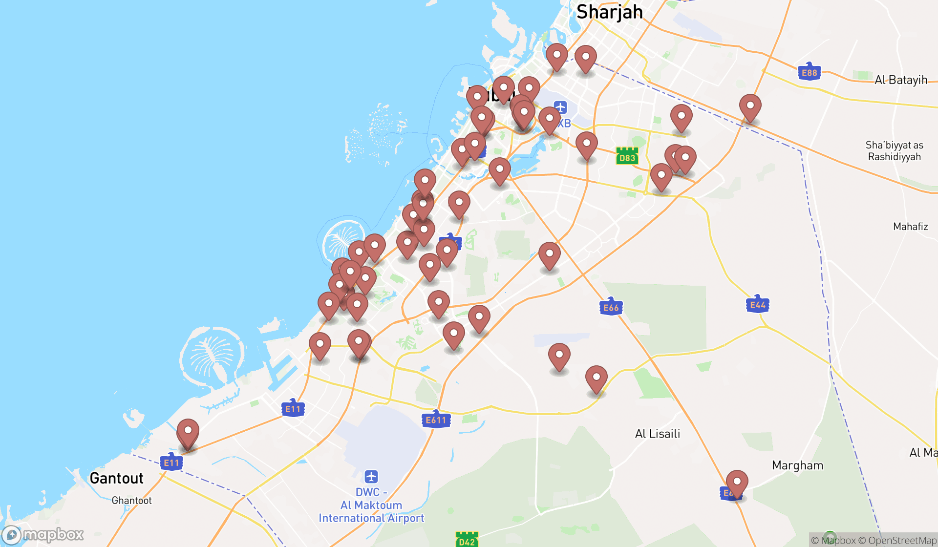 Map showing the search results in Dubai