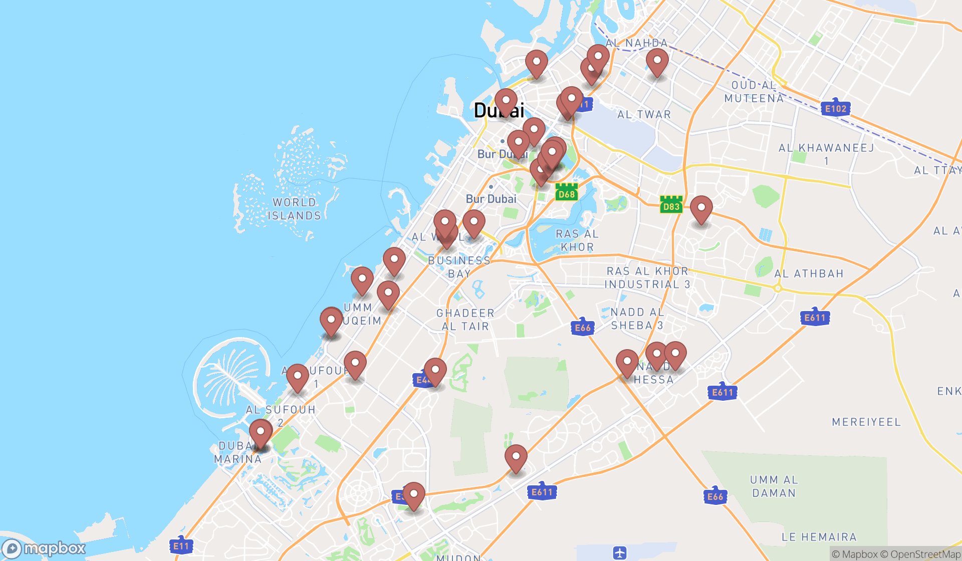 Map showing the search results in Dubai