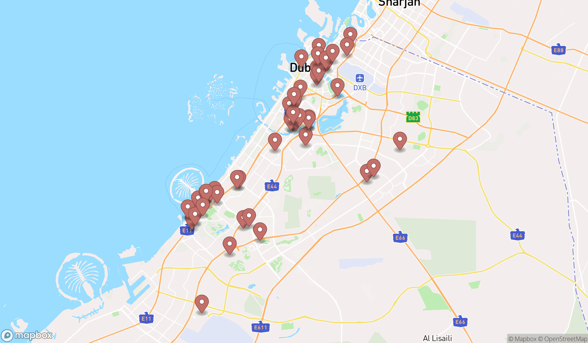 Map showing the search results in Dubai