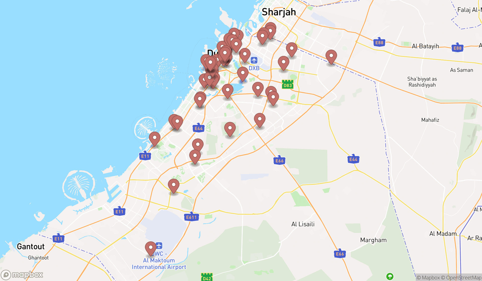 Map showing the search results in Dubai