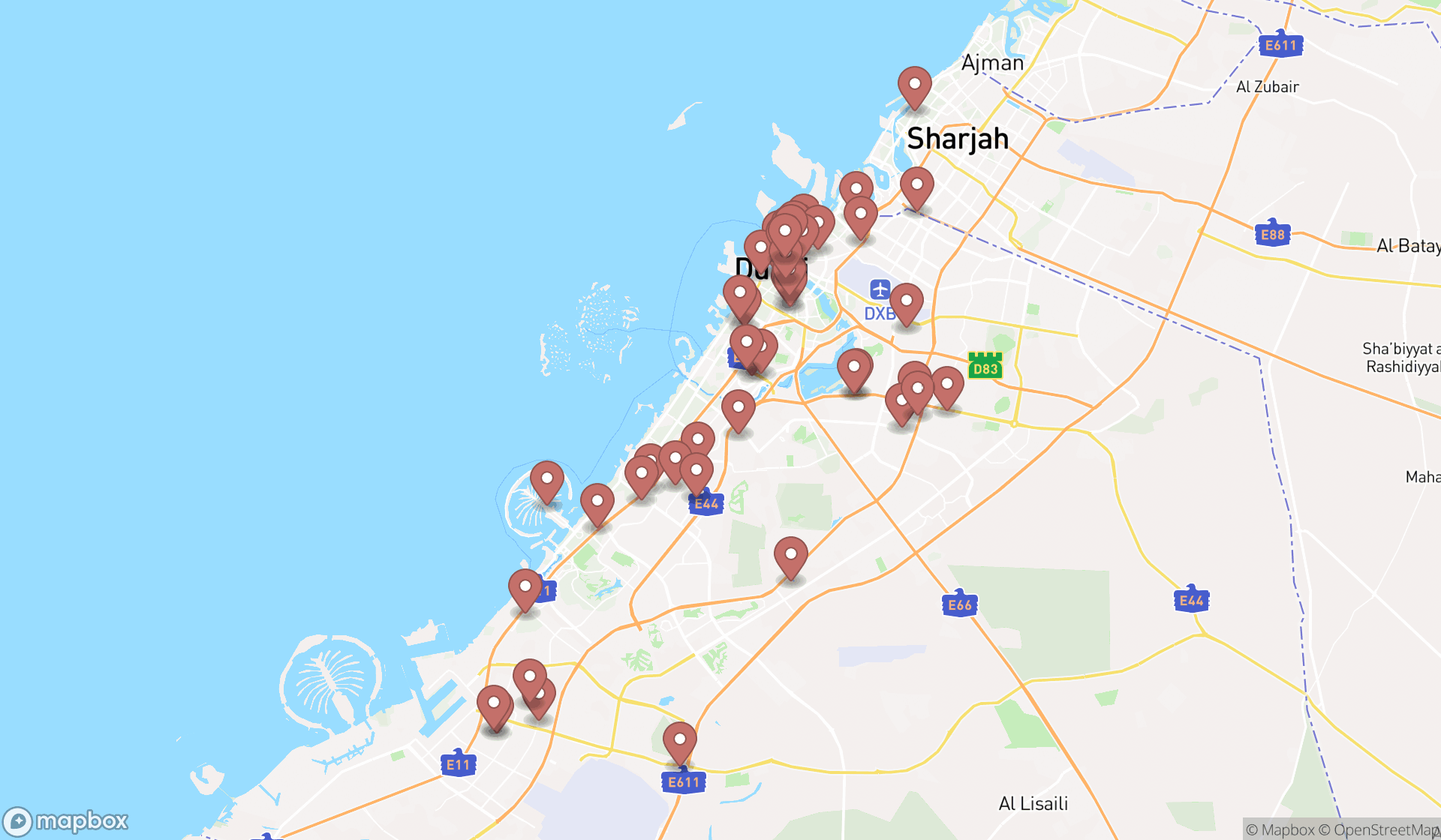 Map showing the search results in Dubai