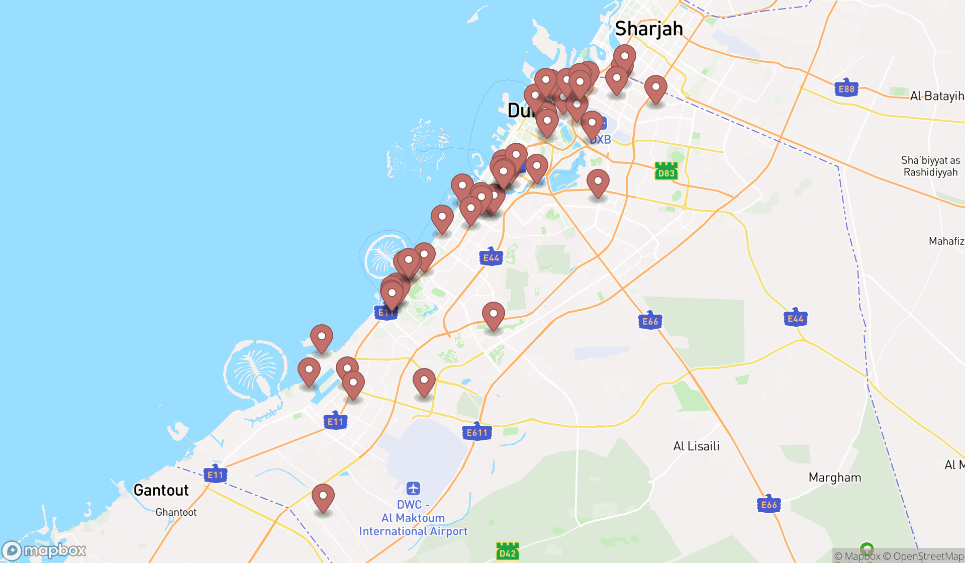 Map showing the search results in Dubai
