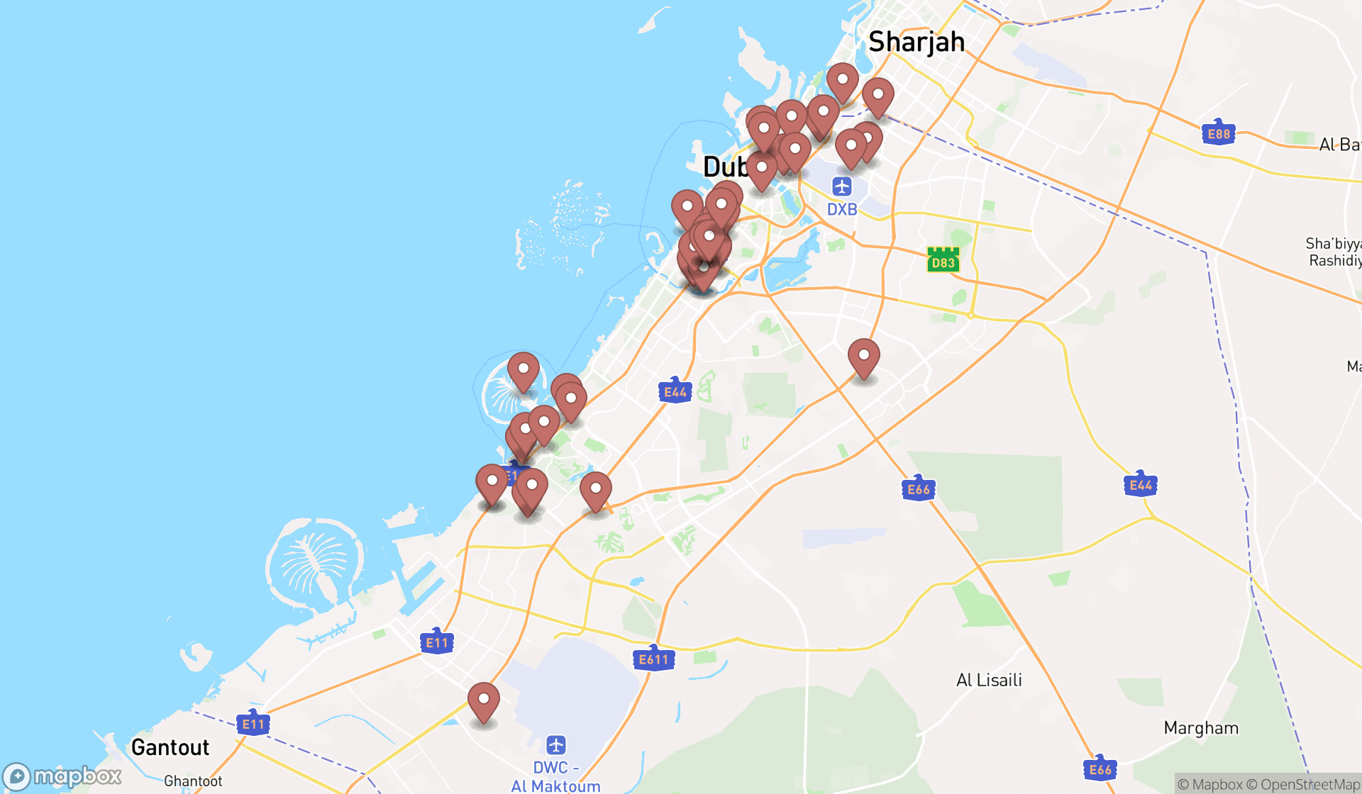 Map showing the search results in Dubai
