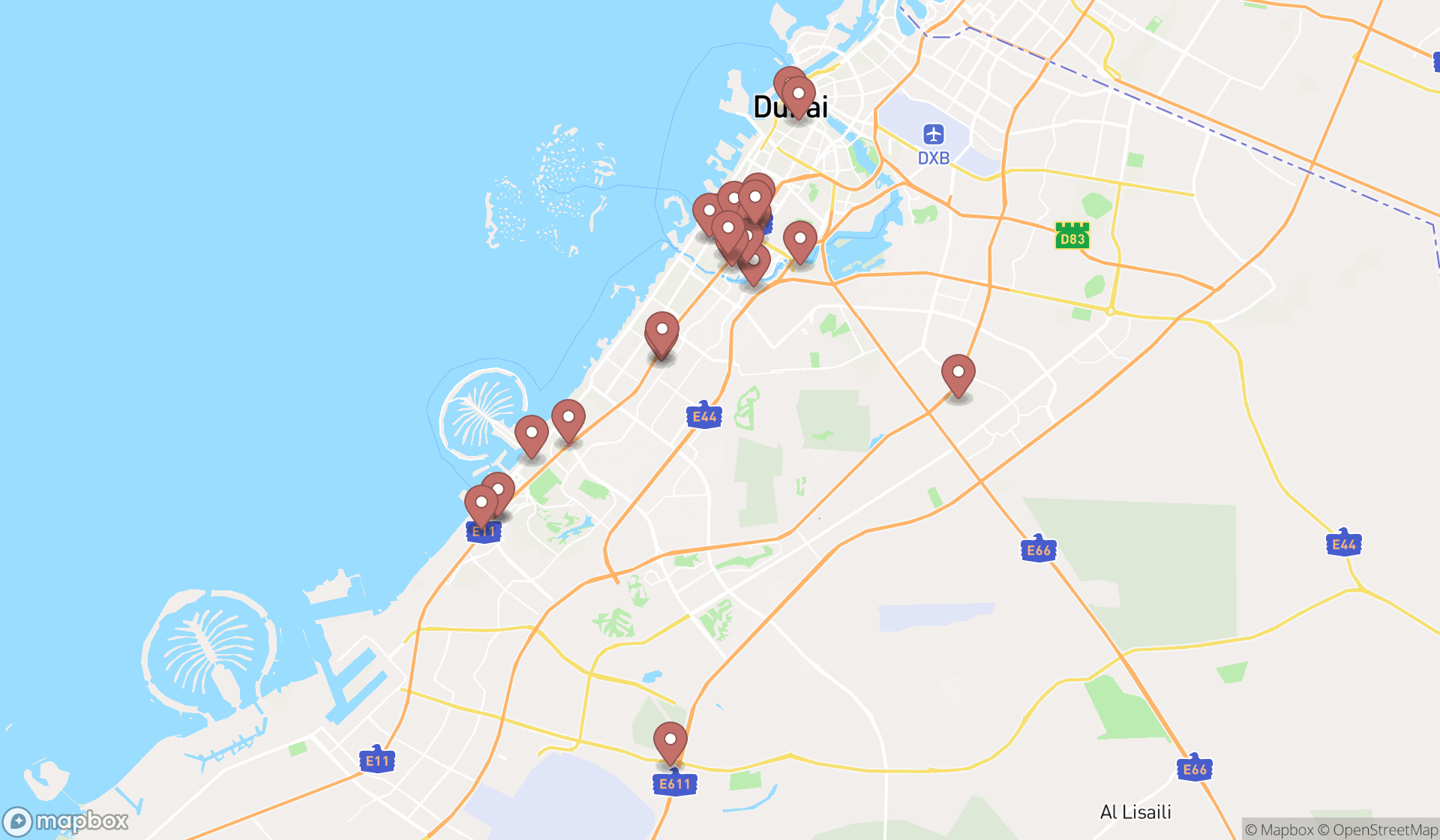 Map showing the search results in Dubai