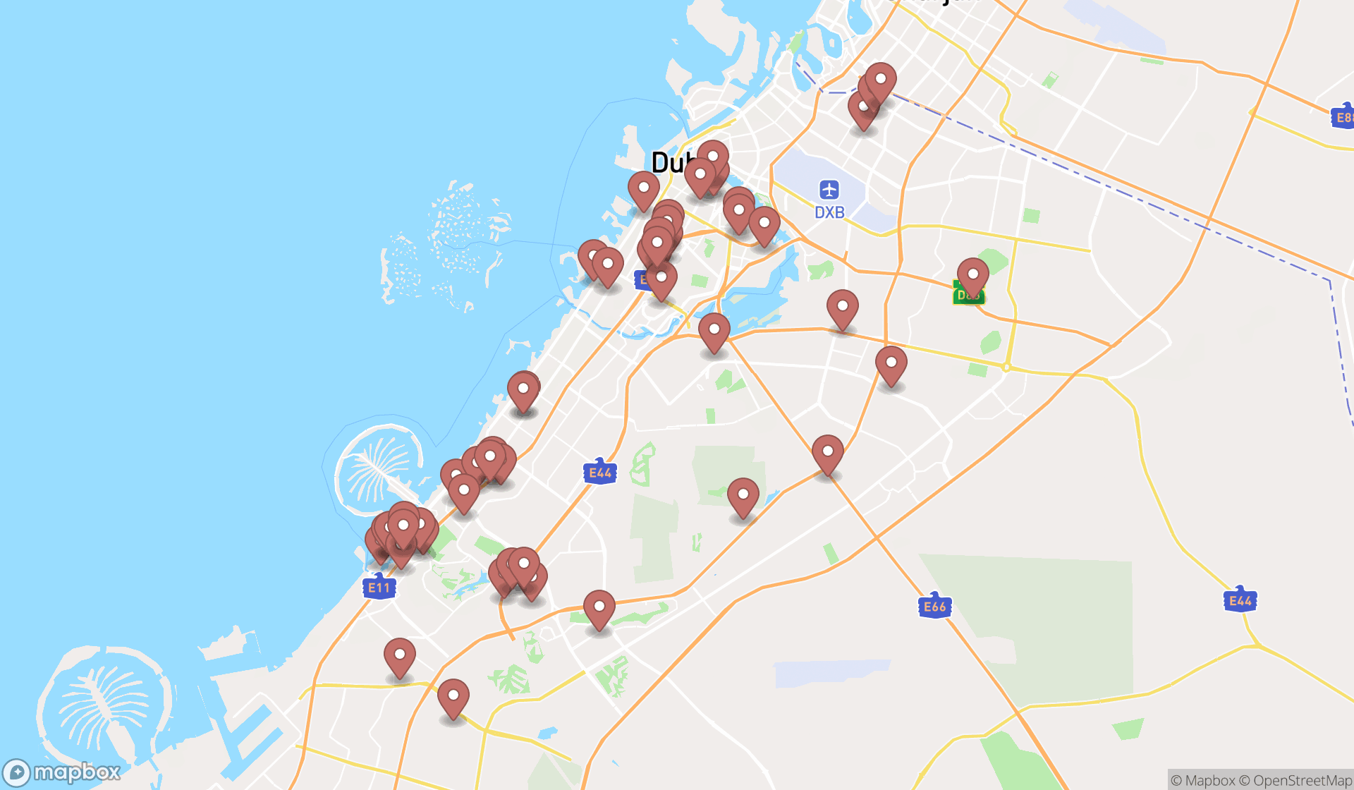 Map showing the search results in Dubai