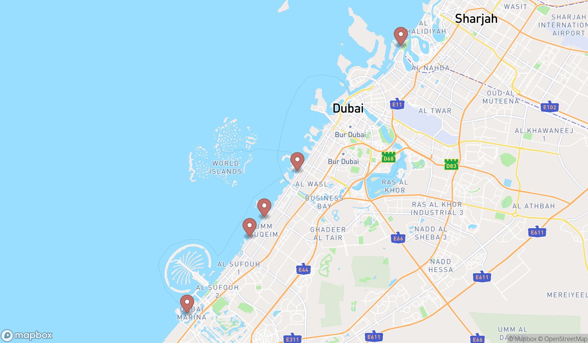 Map showing the search results in Dubai