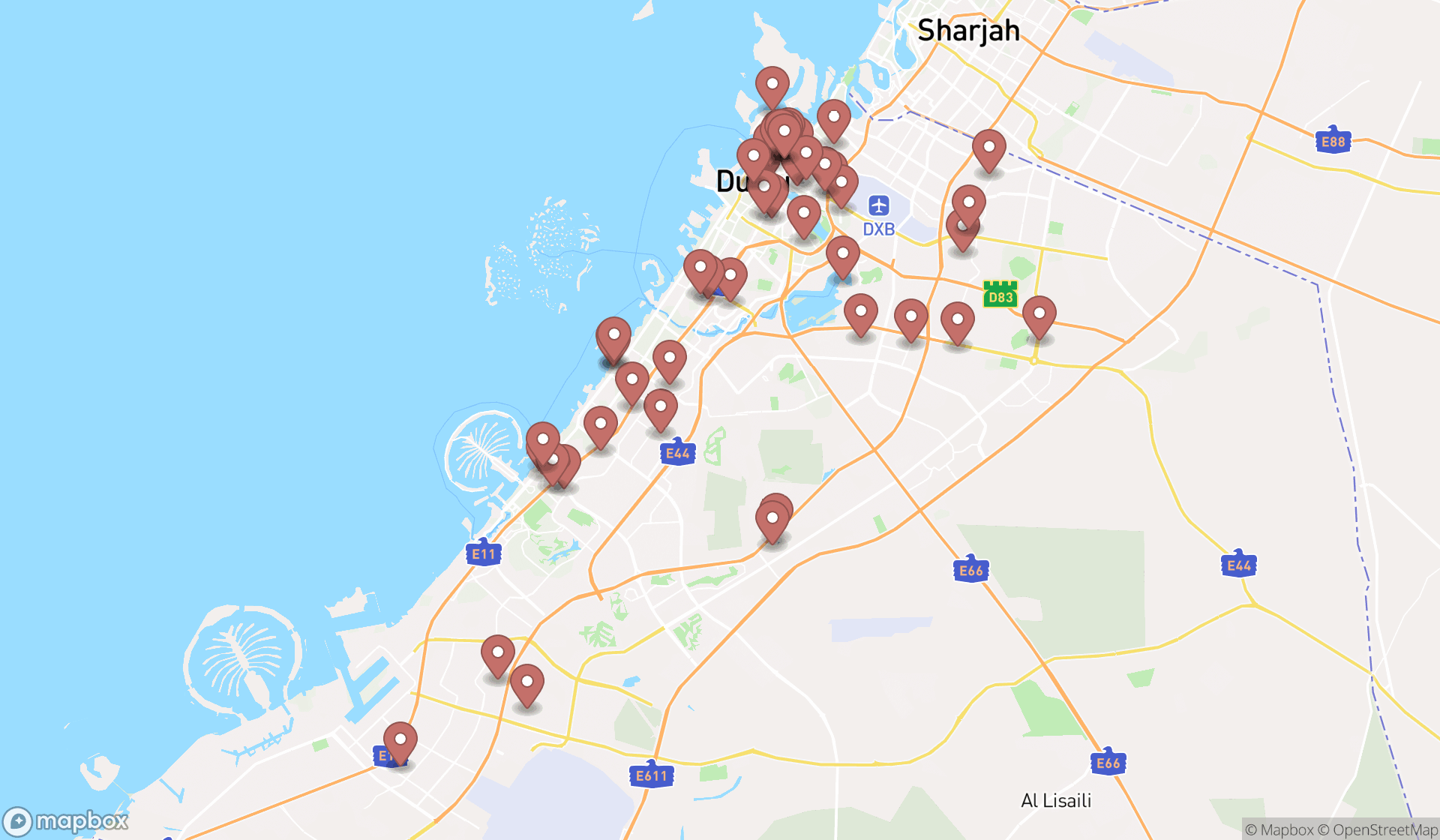 Map showing the search results in Dubai